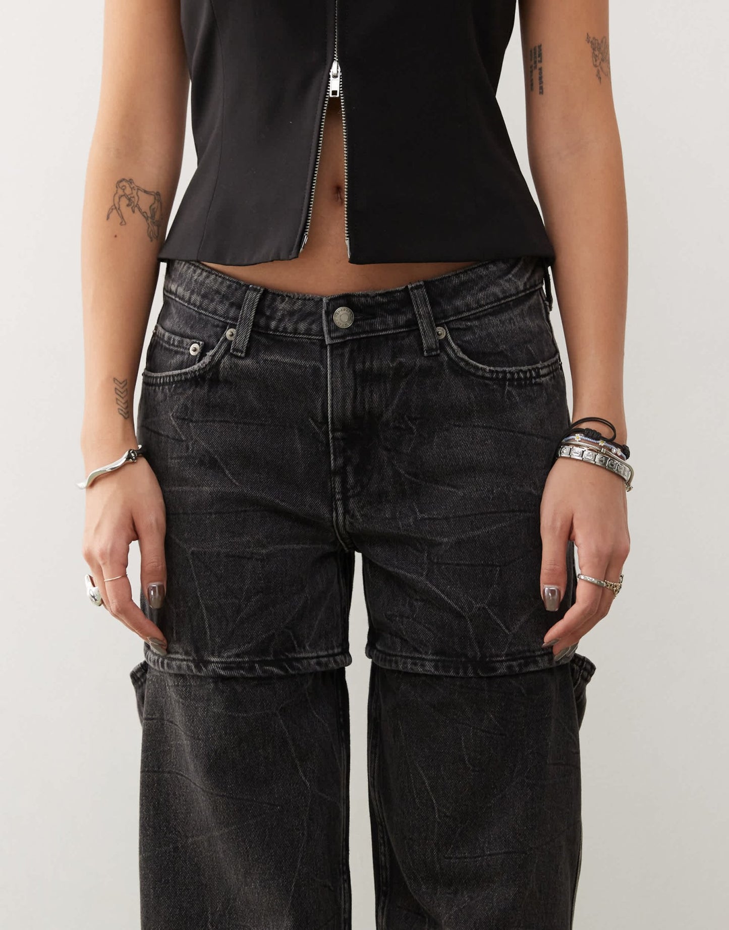 Weekday Ample low waist loose fit jeans with open detail in black tie - ASOS Sample Sale