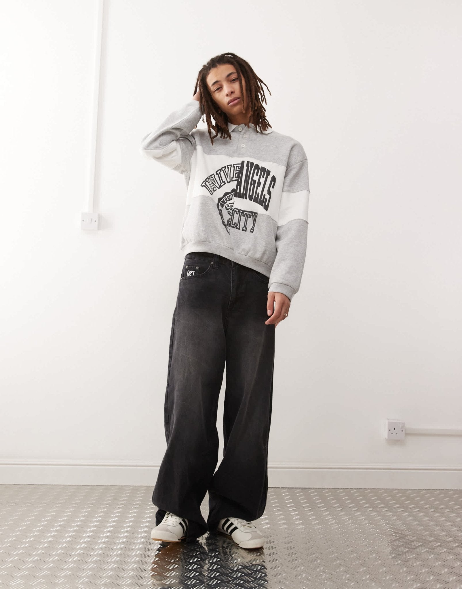 Weekday Andre oversized polo sweatshirt with cut and sew varsity graphic in grey melange - ASOS Sample Sale