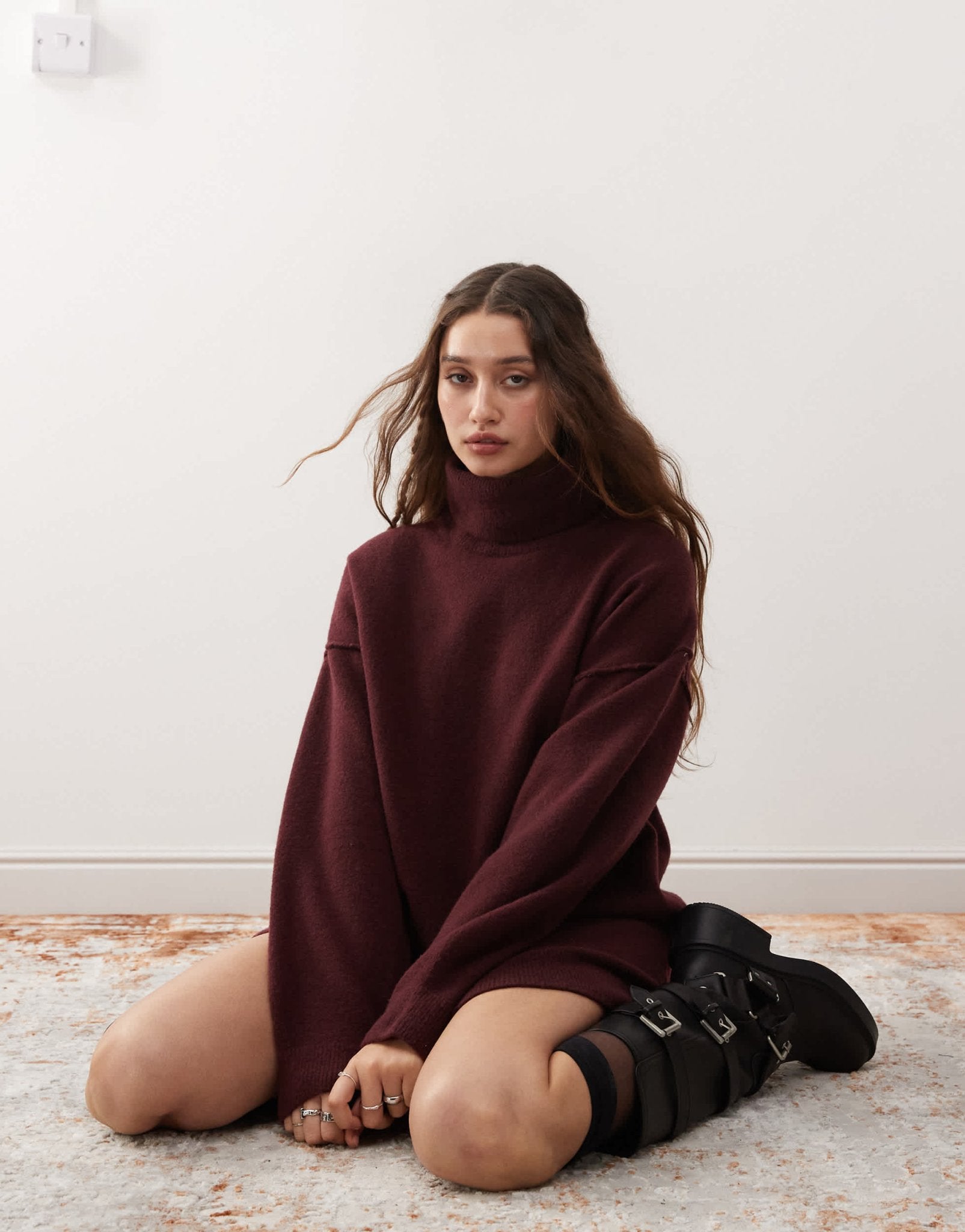 Weekday Annie wool blend roll neck mini knitted jumper dress in burgundy melange exclusive to ASOS - ASOS Sample Sale