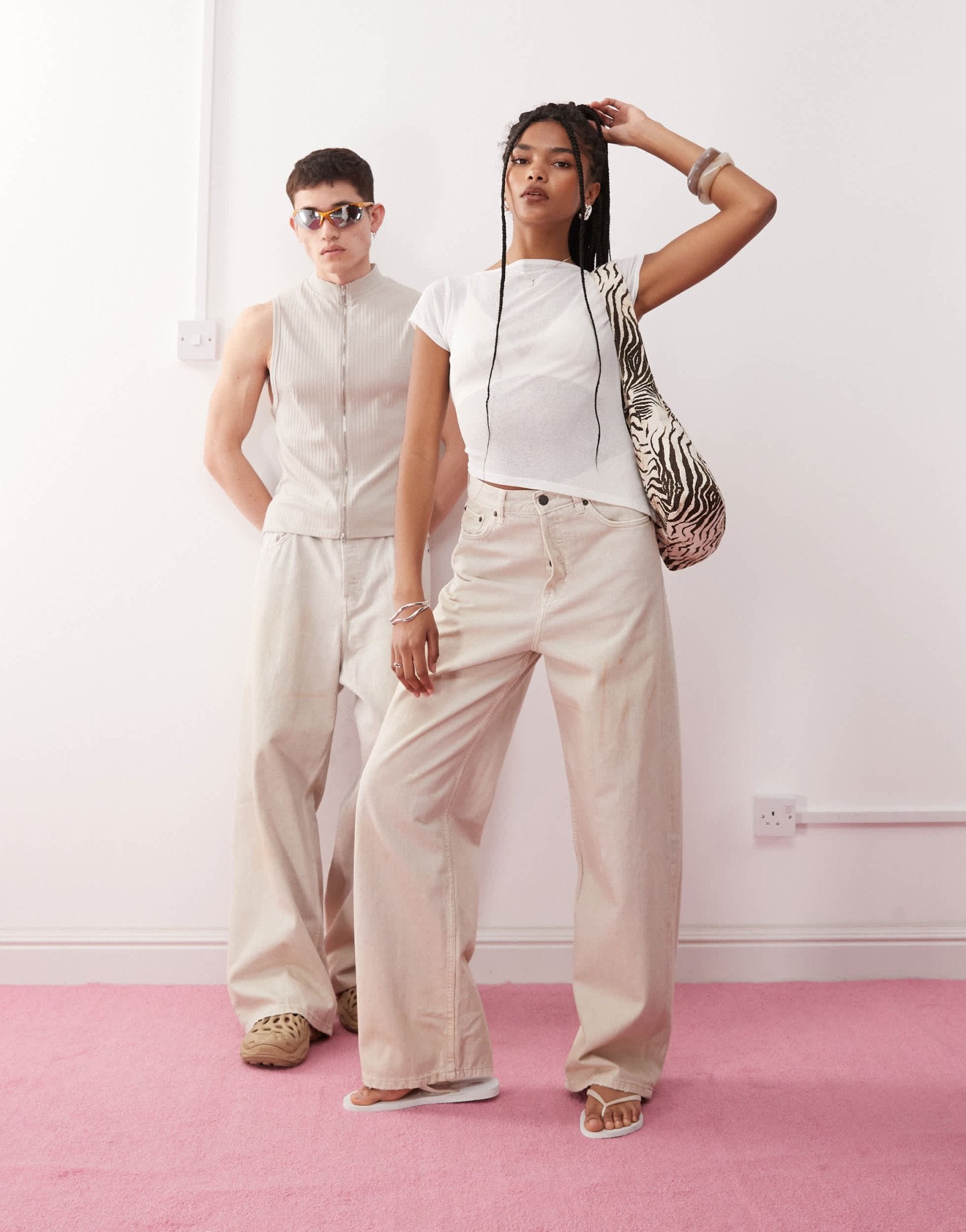 Weekday Astro unisex low rise baggy fit jeans in dirty beige wash - ASOS Sample Sale