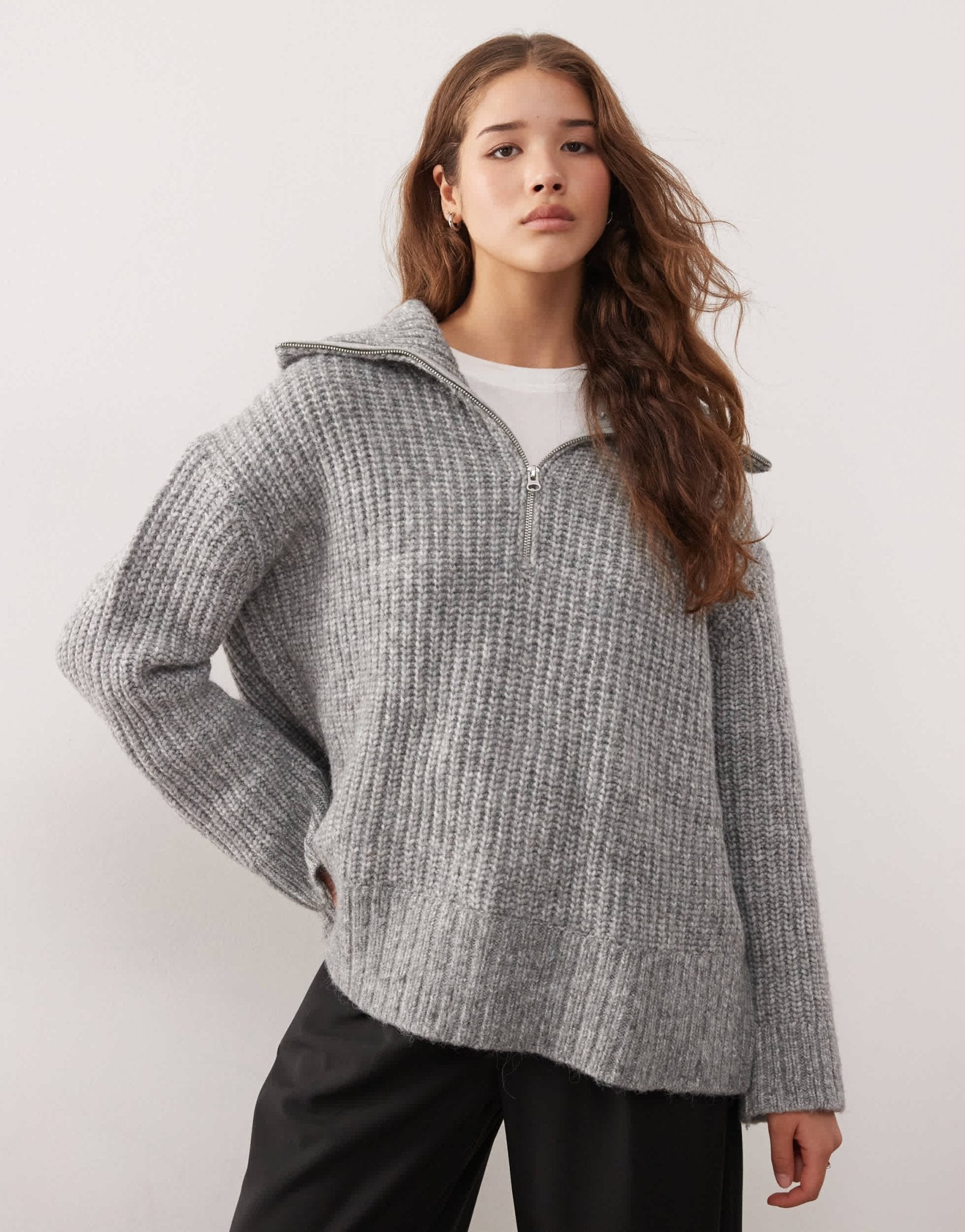 Weekday Cillia half zip extreme collar heavyweight jumper in grey melange - ASOS Sample Sale