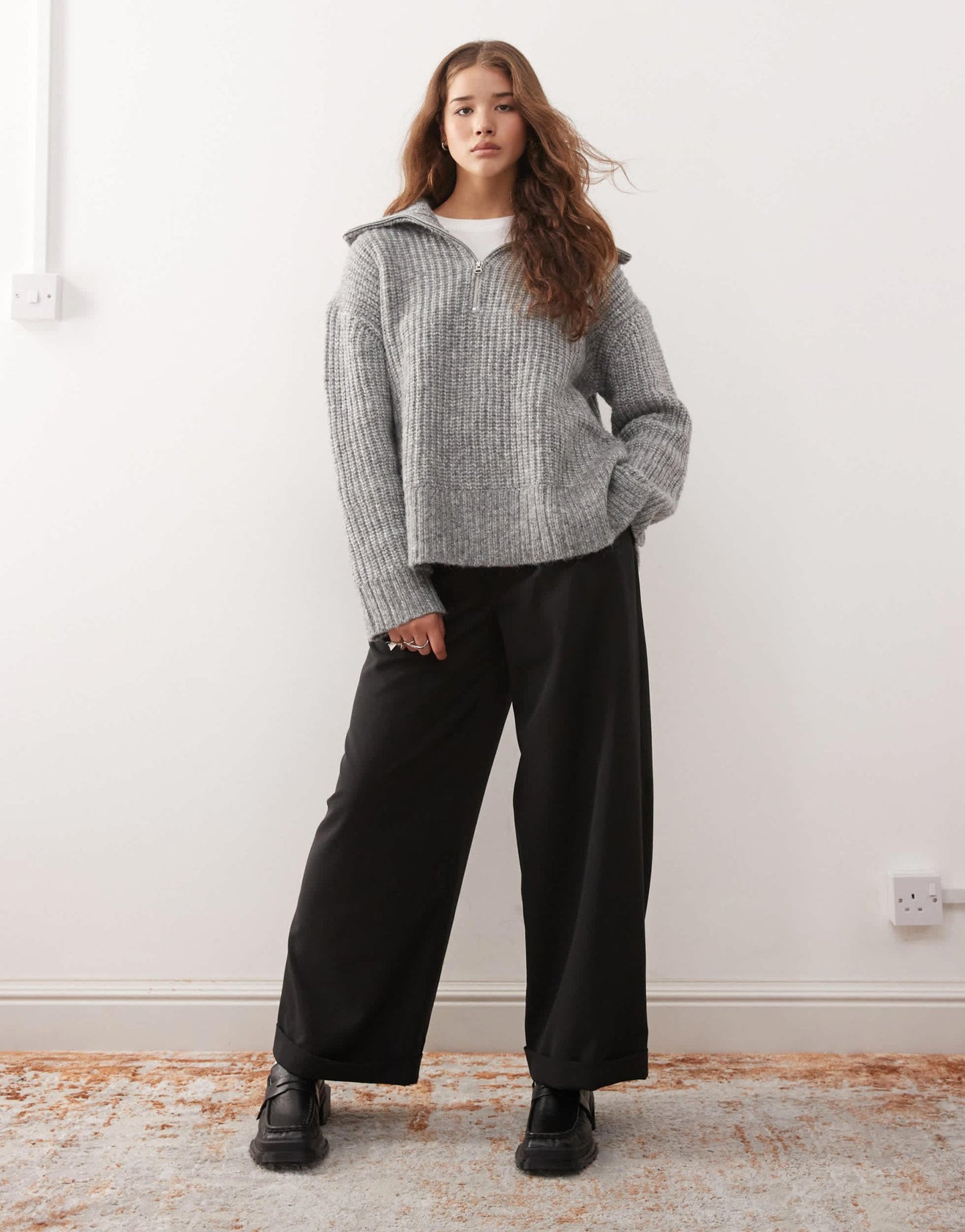 Weekday Cillia half zip extreme collar heavyweight jumper in grey melange - ASOS Sample Sale