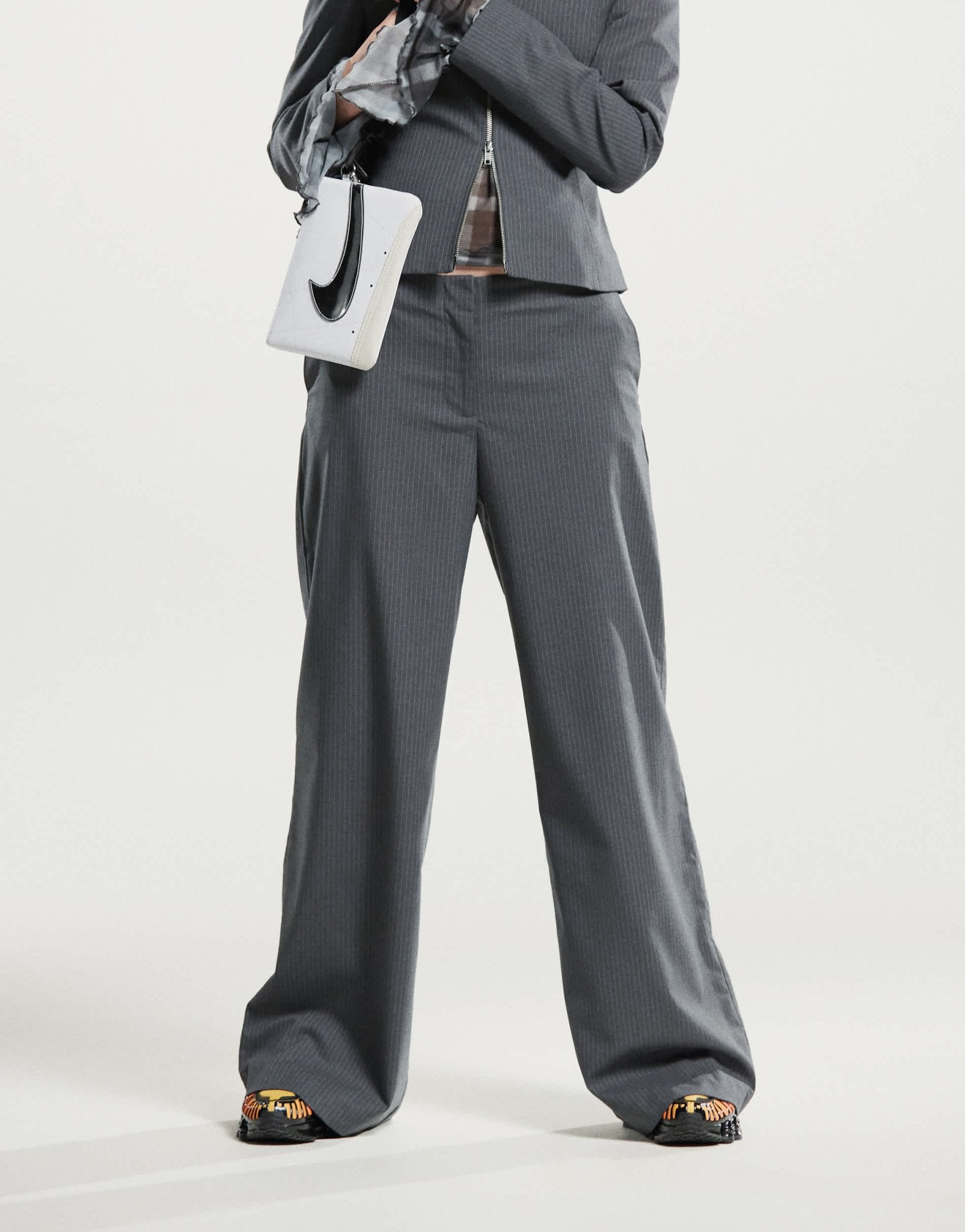 Weekday co - ord cut off waistband detail trousers in grey melange stripe - ASOS Sample Sale