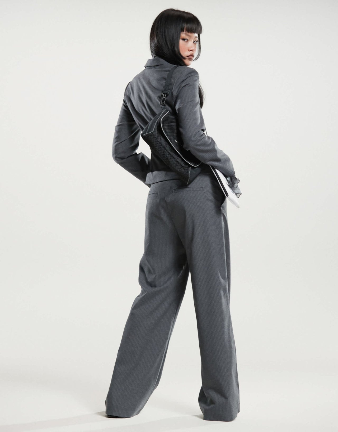 Weekday co - ord cut off waistband detail trousers in grey melange stripe - ASOS Sample Sale