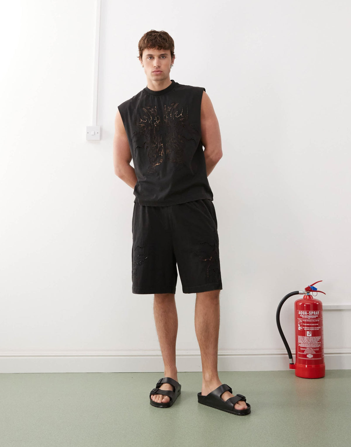 Weekday co-ord shorts with broderie anglais detail in off-black - ASOS Sample Sale