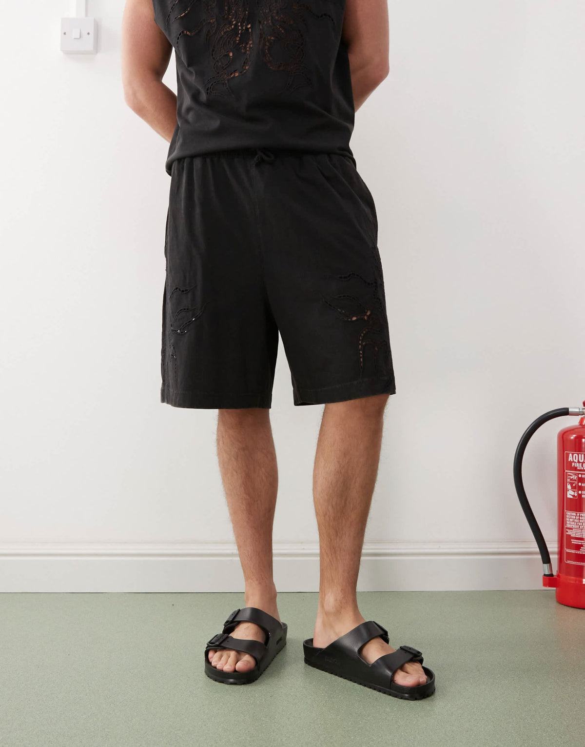 Weekday co-ord shorts with broderie anglais detail in off-black - ASOS Sample Sale