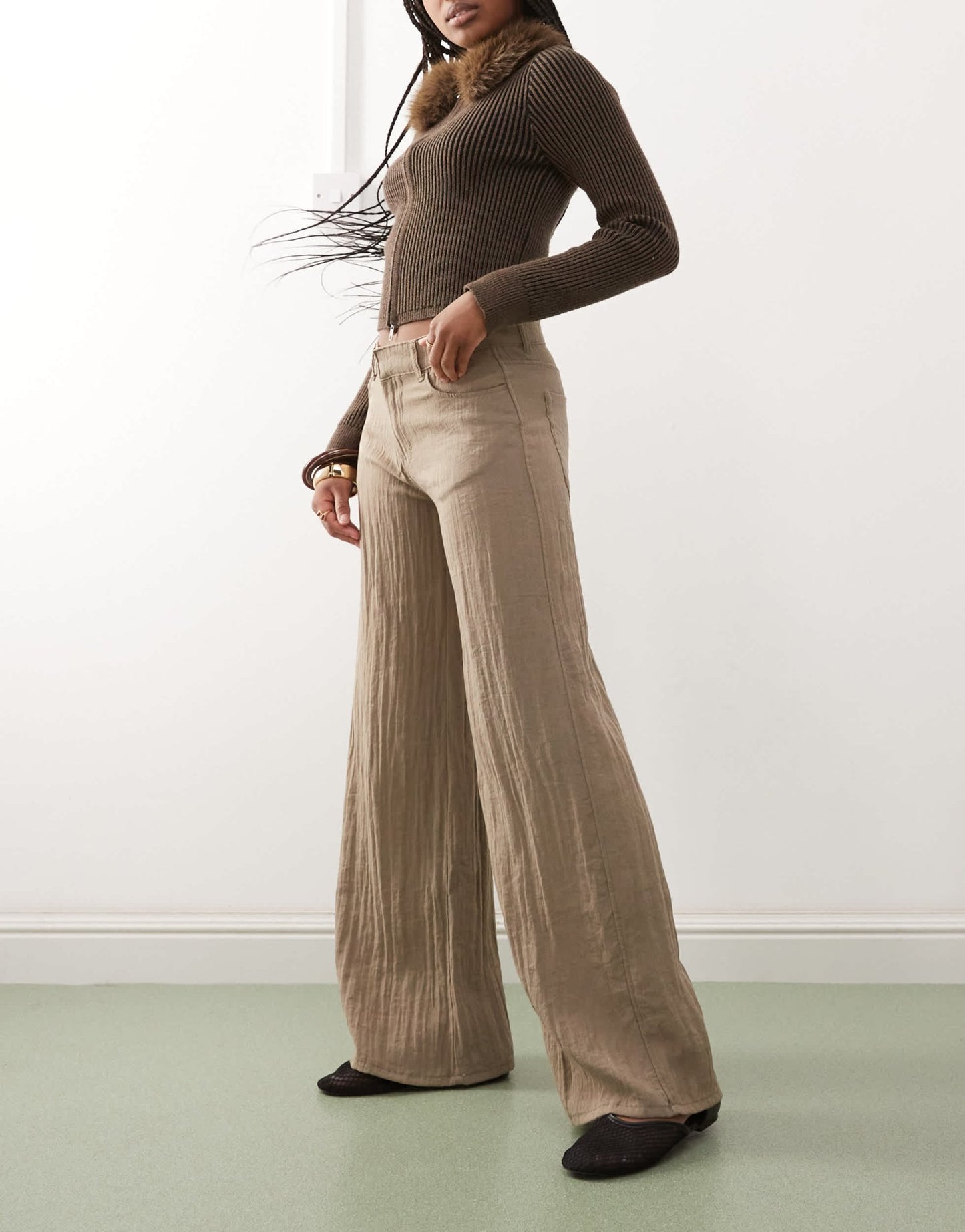 Weekday crinkle wide leg trousers in mole - ASOS Sample Sale