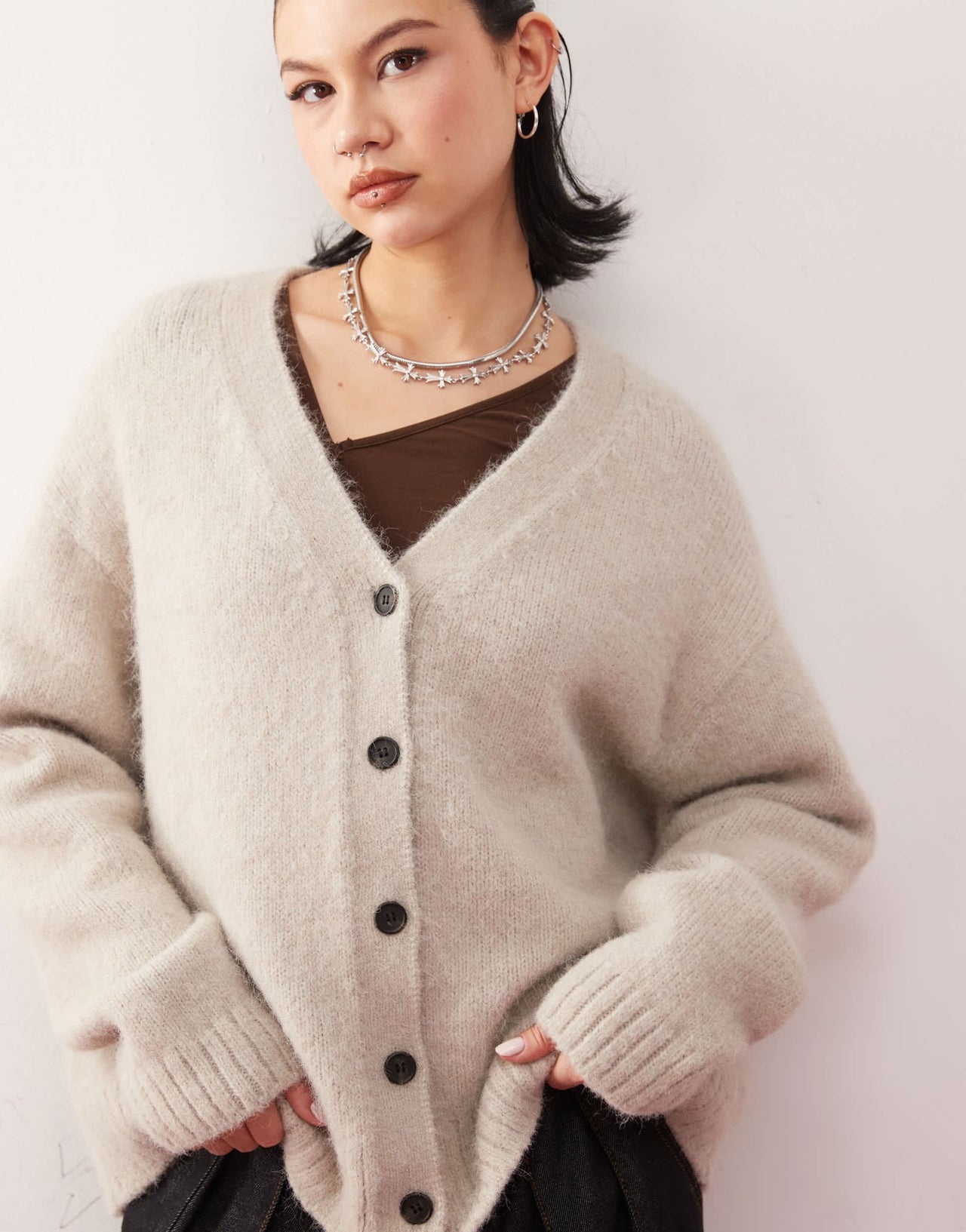 Weekday Emira fluffy knit slouchy cardigan in beige melange - ASOS Sample Sale