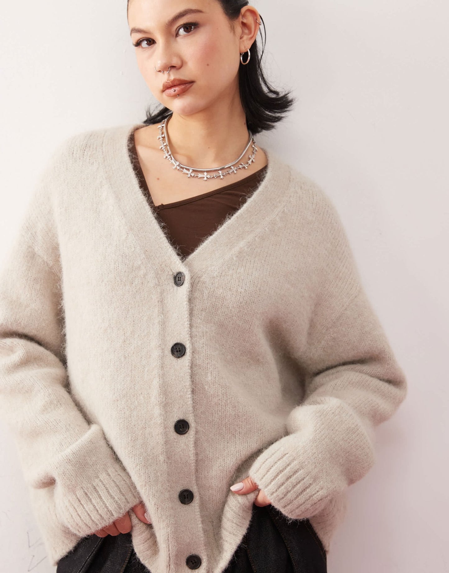 Weekday Emira fluffy knit slouchy cardigan in beige melange - ASOS Sample Sale