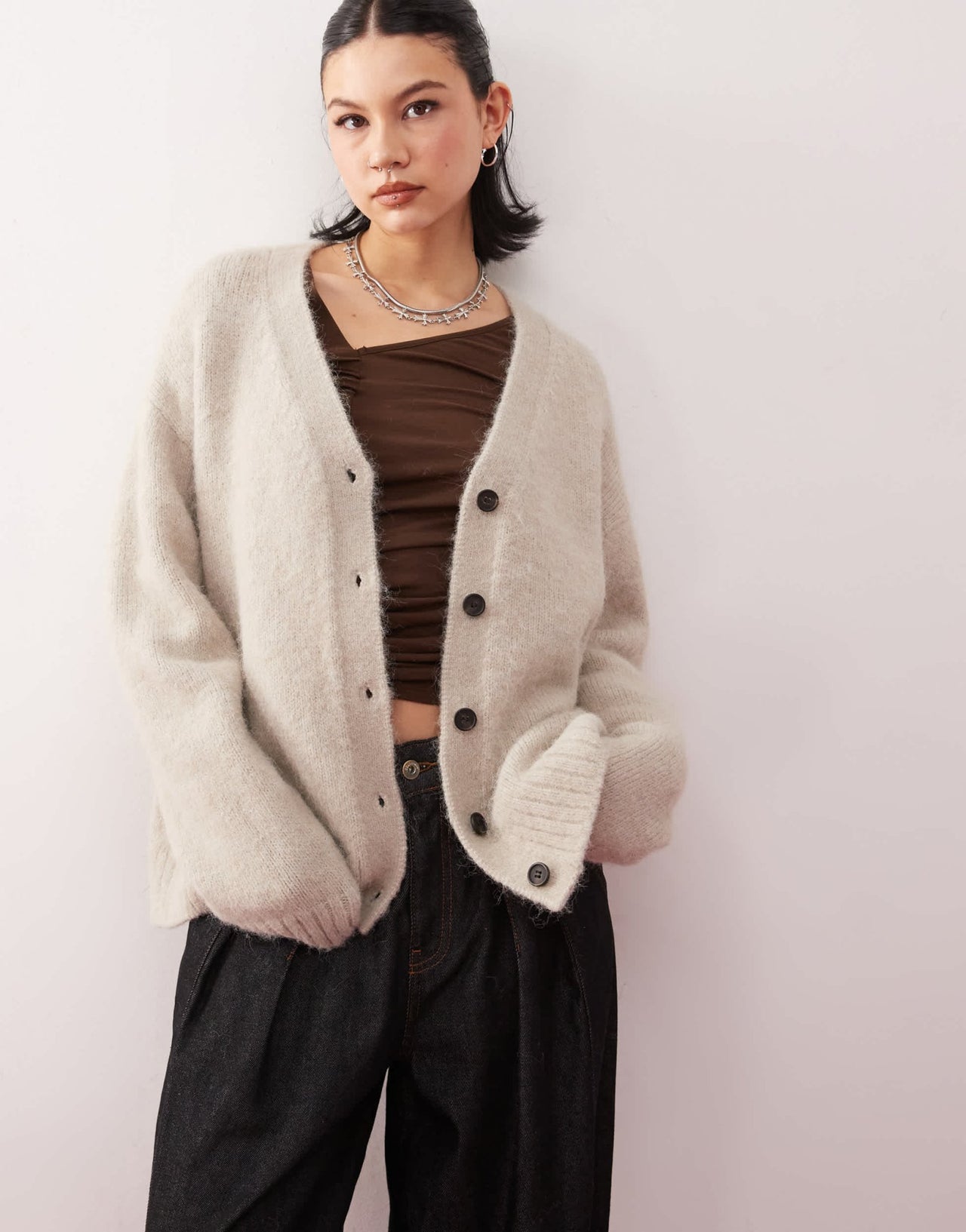 Weekday Emira fluffy knit slouchy cardigan in beige melange - ASOS Sample Sale