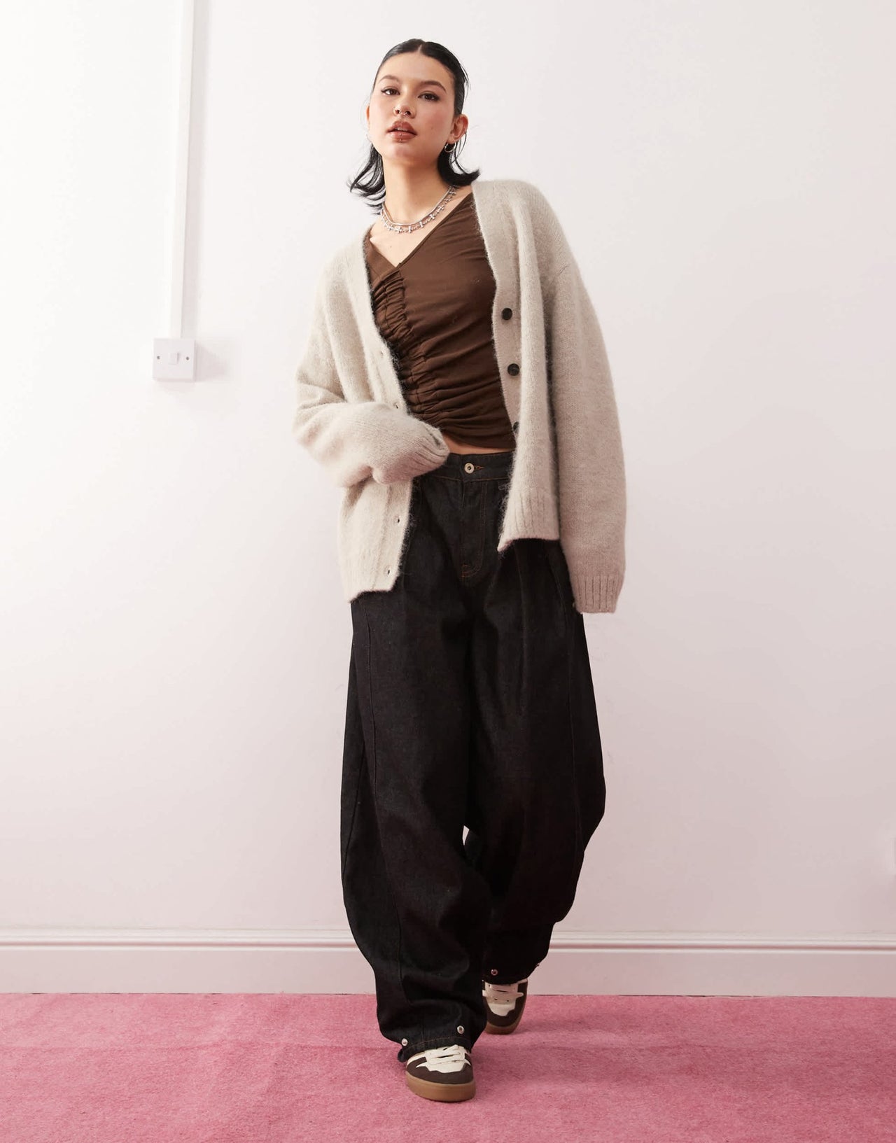 Weekday Emira fluffy knit slouchy cardigan in beige melange - ASOS Sample Sale