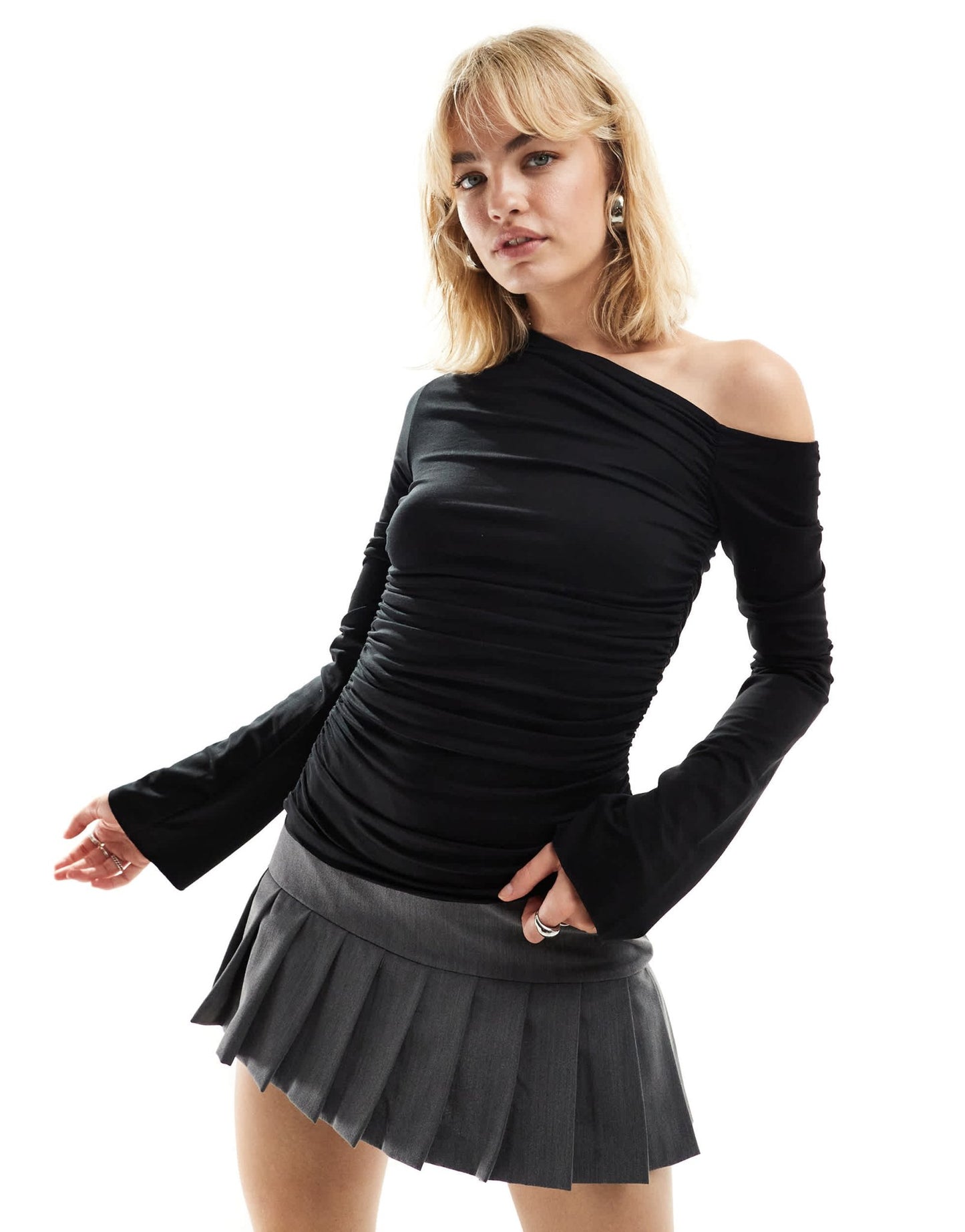 Weekday Erin asymmetric long sleeve top in black - ASOS Sample Sale