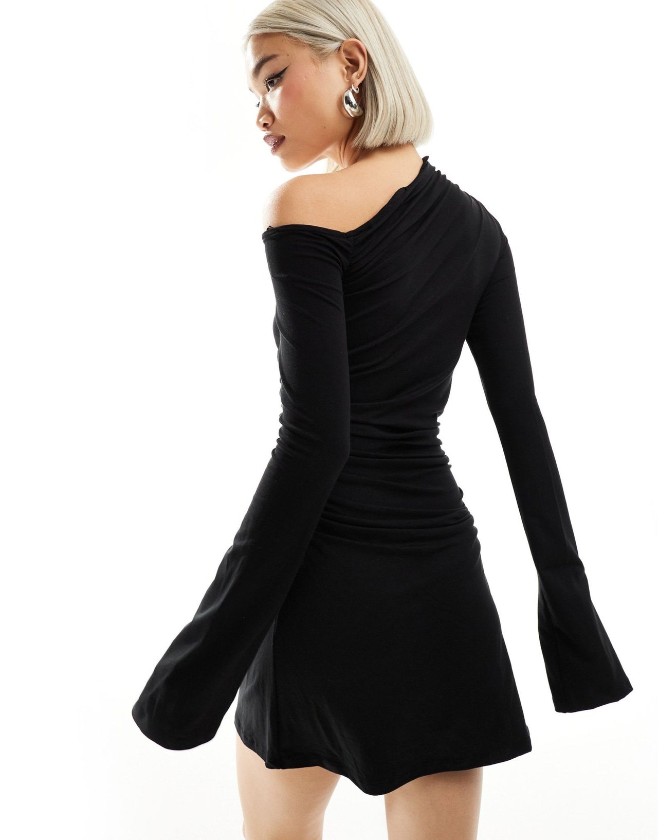 Weekday Erin long sleeve asymmetric shoulder mini dress with ruched sides in black - ASOS Sample Sale