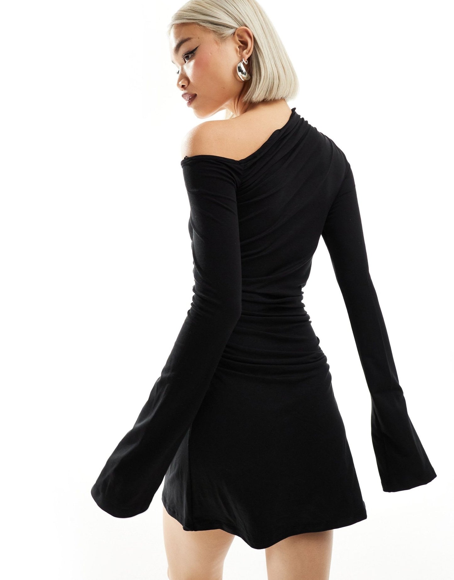 Weekday Erin long sleeve asymmetric shoulder mini dress with ruched sides in black - ASOS Sample Sale