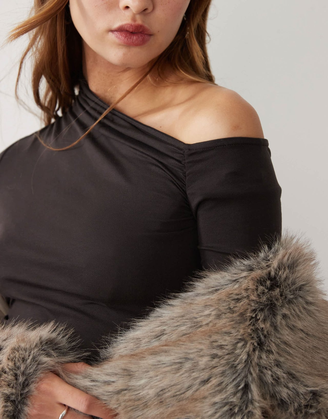 Weekday Erin long sleeve asymmetric shoulder mini dress with ruched sides in dark brown - ASOS Sample Sale