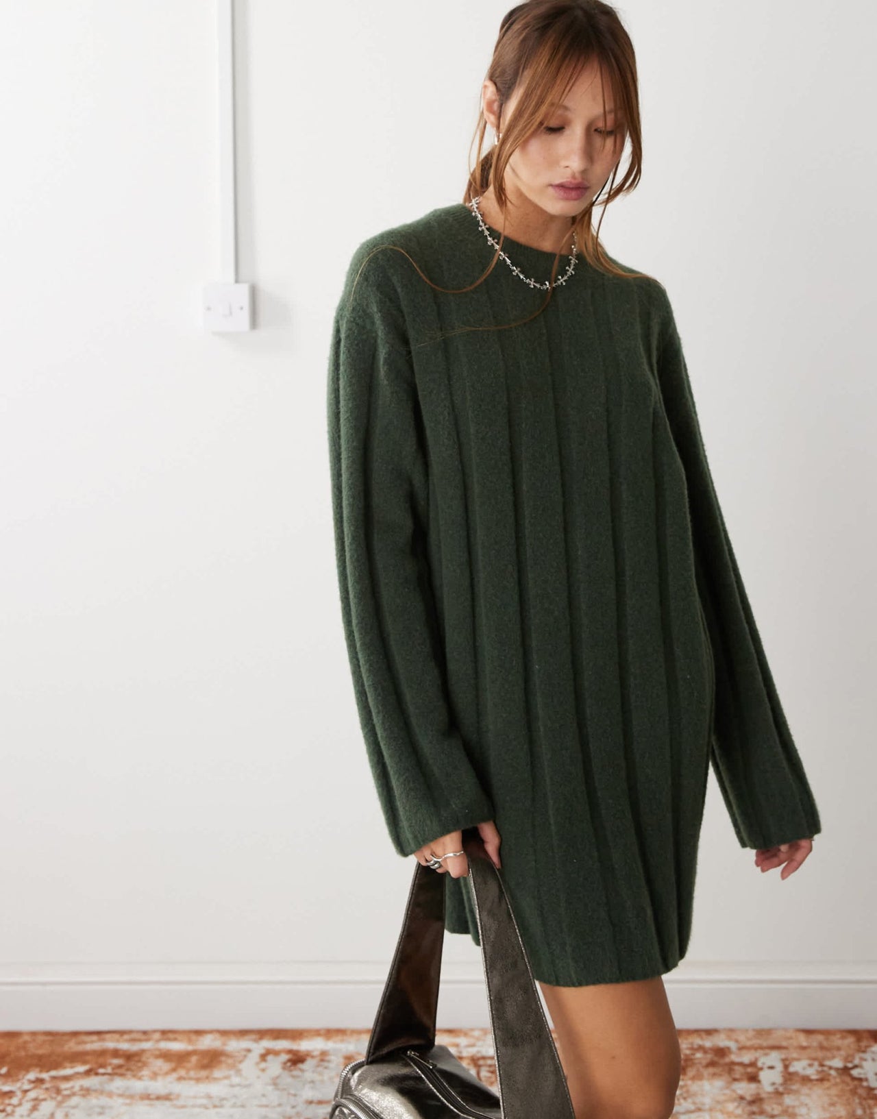 Weekday Fiona chunky rib knitted mini dress in dark green melange exclusive to ASOS - ASOS Sample Sale