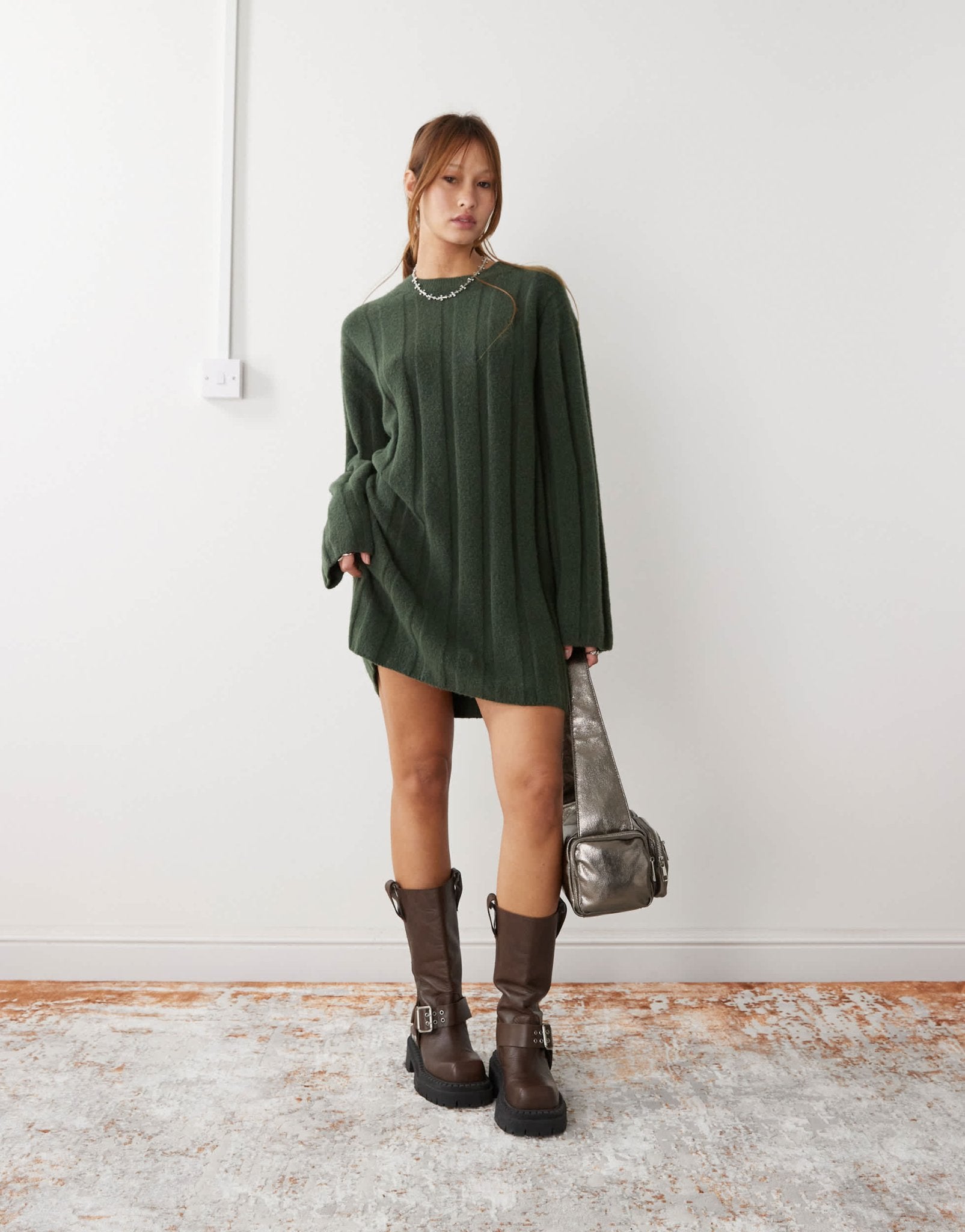 Weekday Fiona chunky rib knitted mini dress in dark green melange exclusive to ASOS - ASOS Sample Sale
