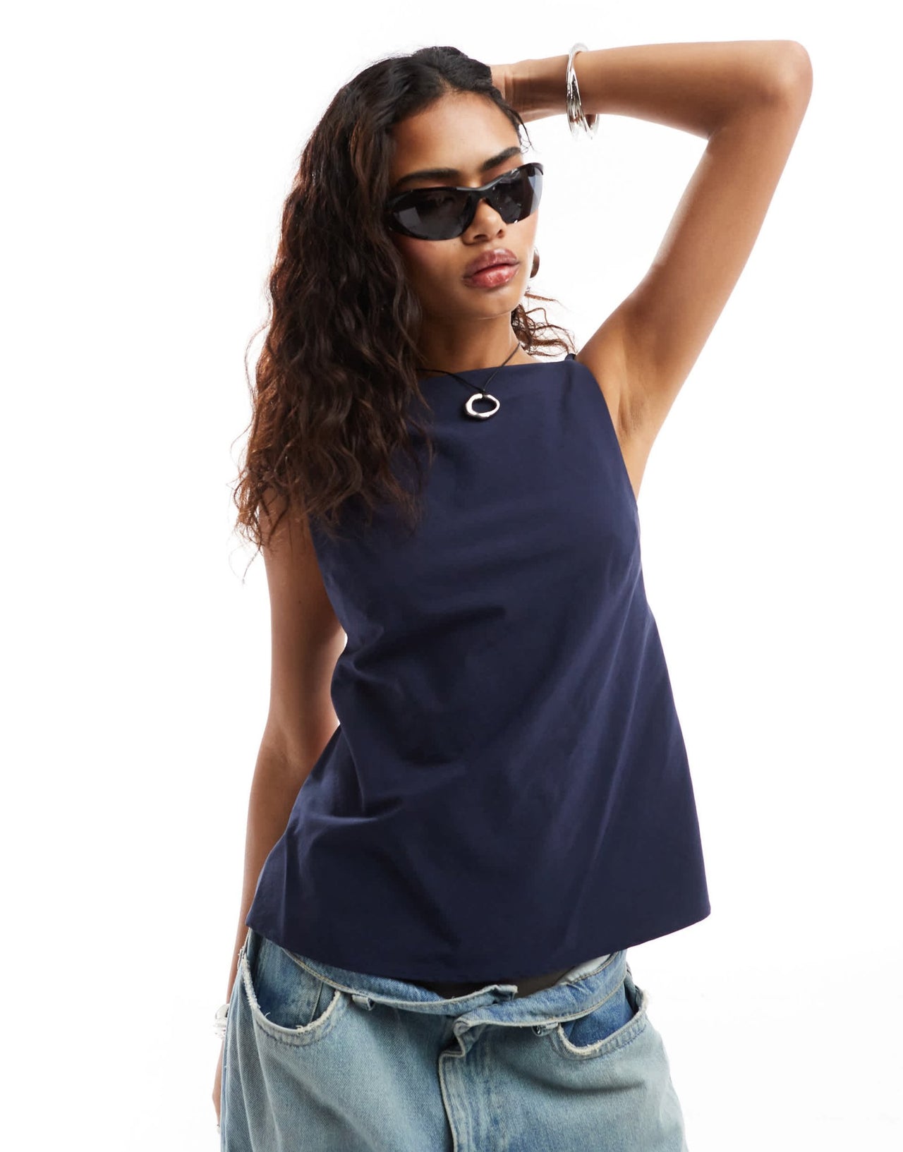 Weekday Fleur high neck cami top with exposed back in navy - ASOS Sample Sale
