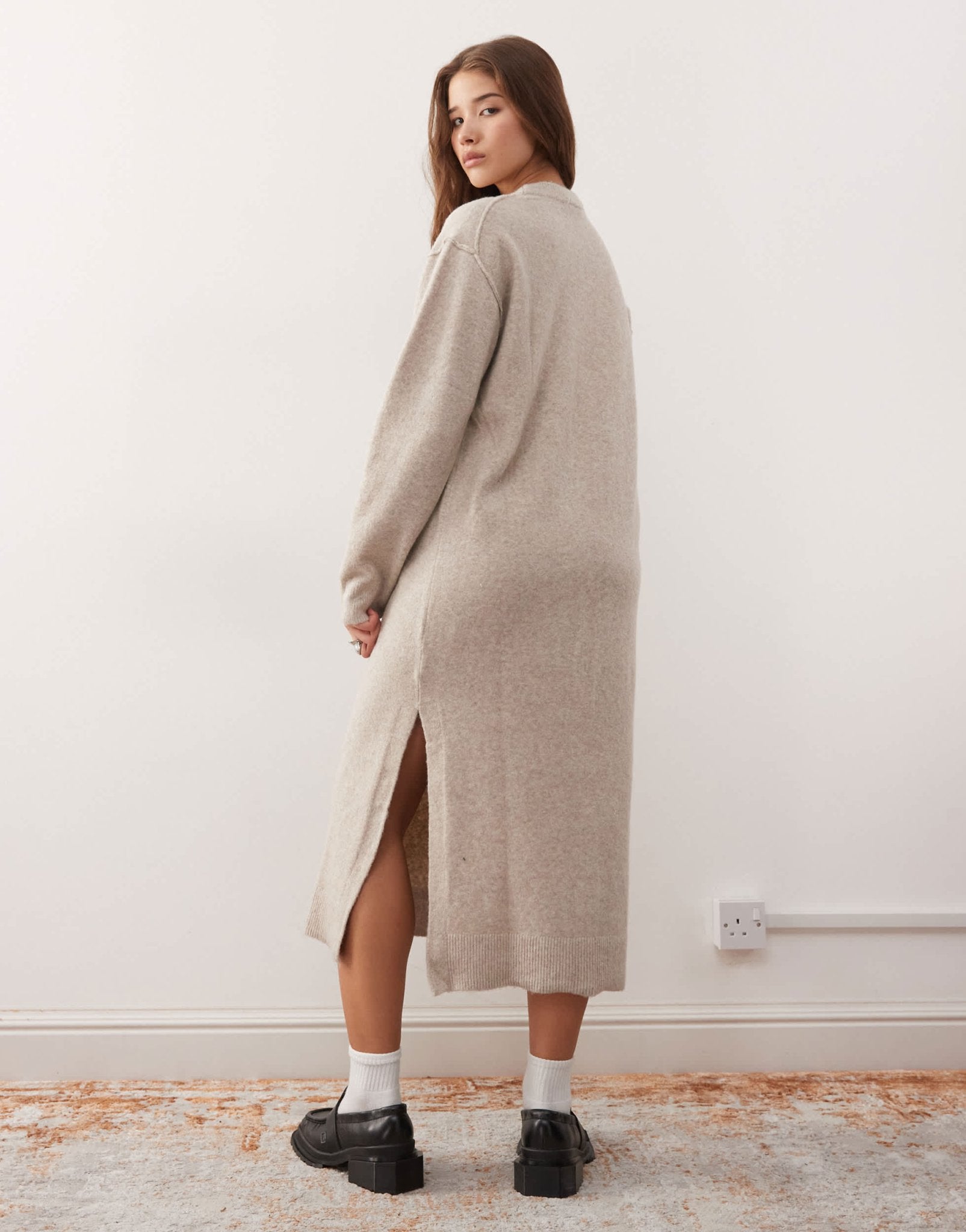 Weekday Funda wool blend knitted midaxi jumper dress with side split in light beige melange exclusive to ASOS - ASOS Sample Sale