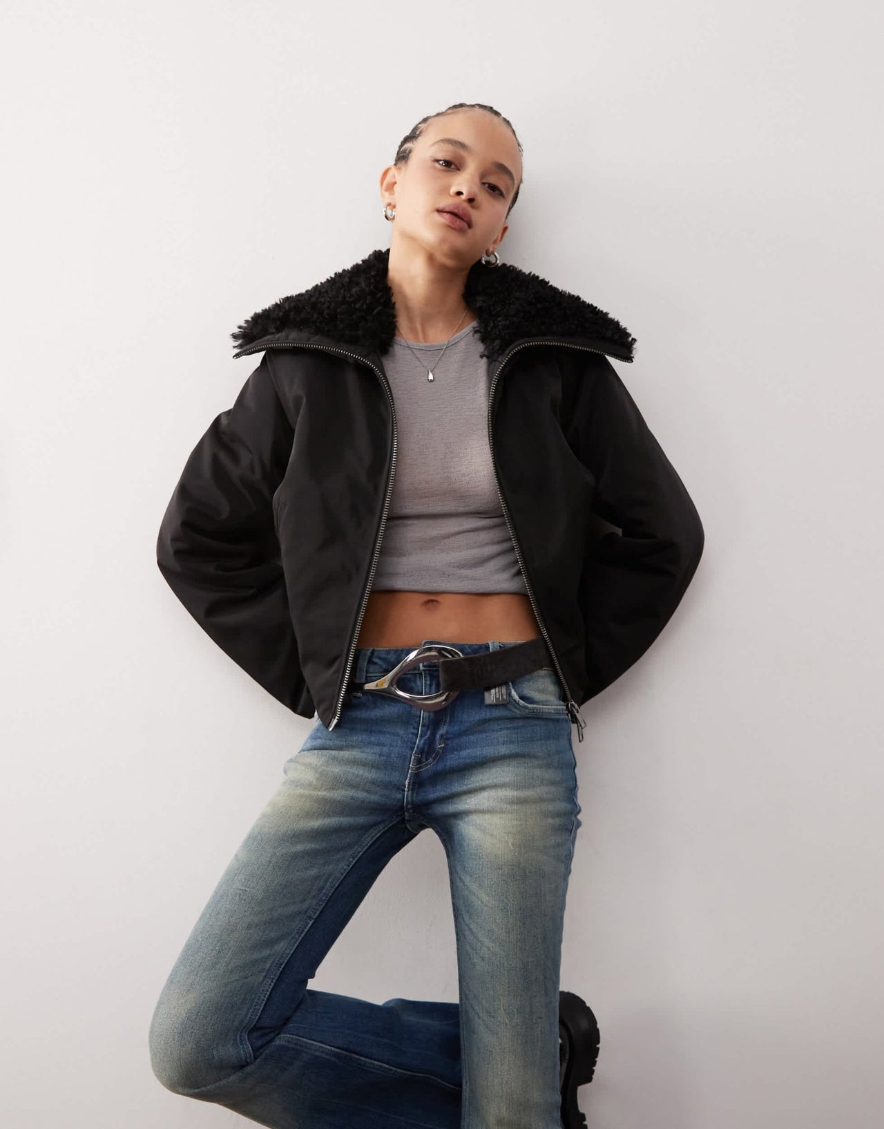 Weekday Hiro jacket with faux fur collar in black - ASOS Sample Sale