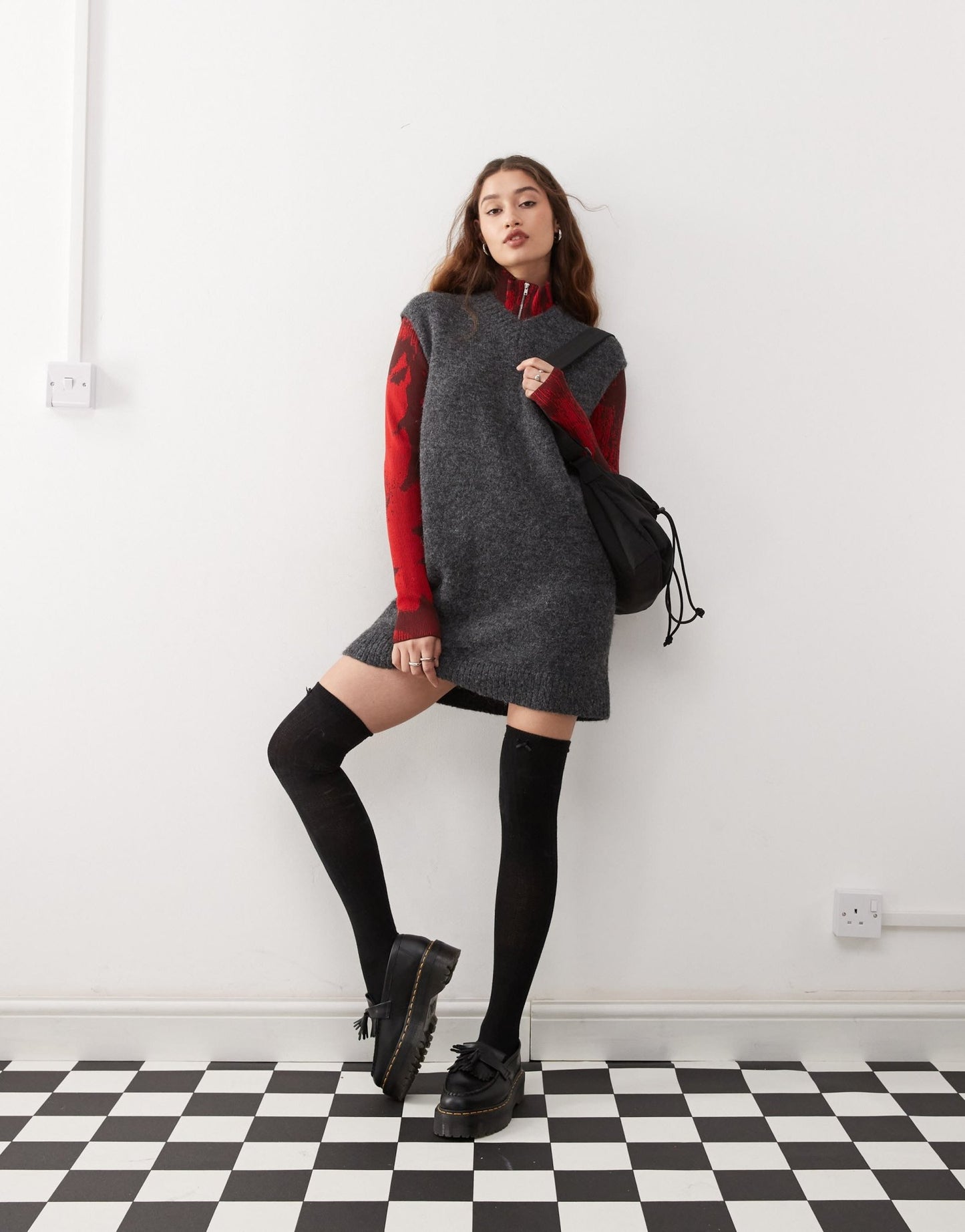 Weekday Kayla wool blend knitted v neck vest mini dress in dark grey melange exclusive to ASOS - ASOS Sample Sale