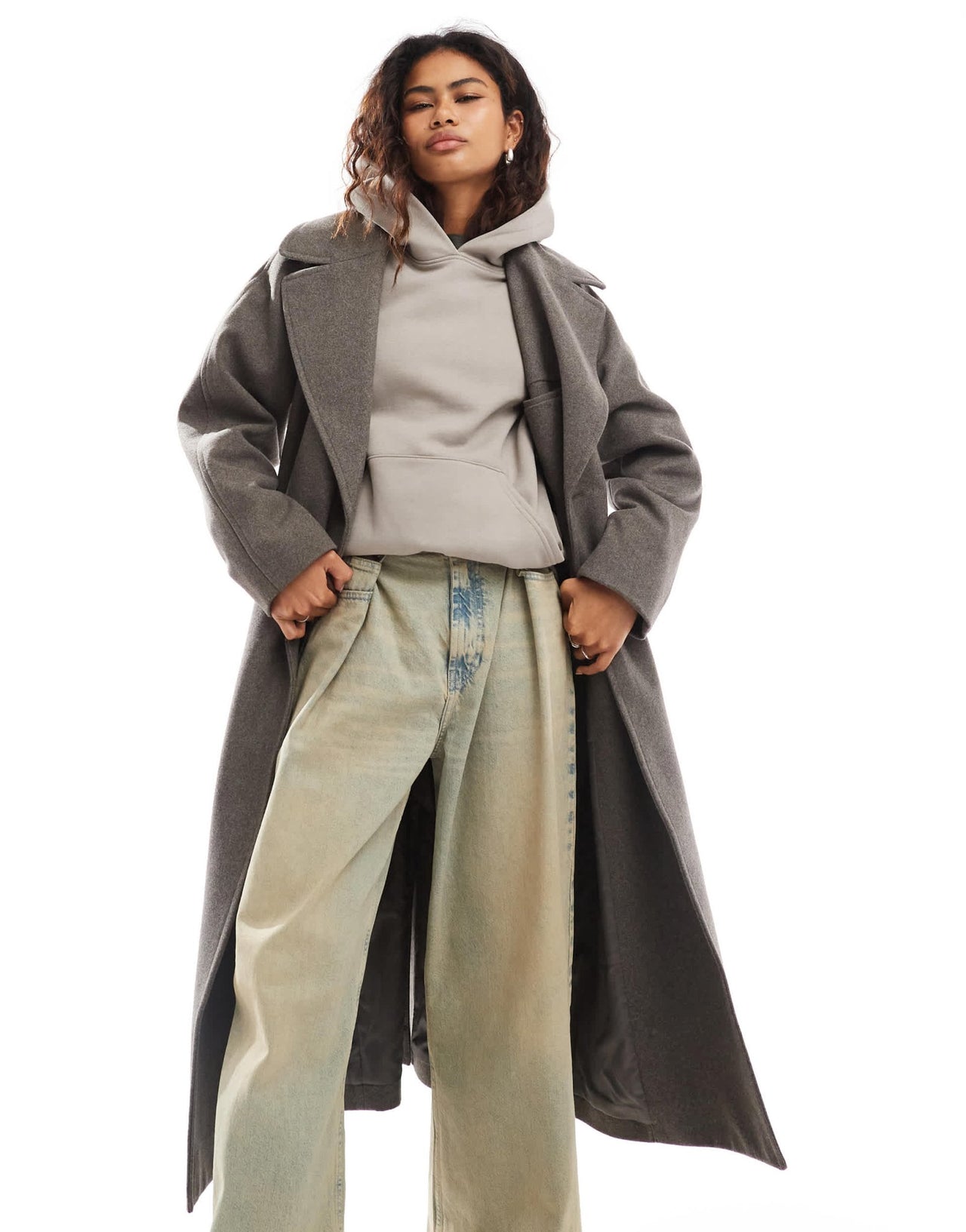 Weekday Kia wool blend oversized coat with tie waist detail in dark mole melange - ASOS Sample Sale