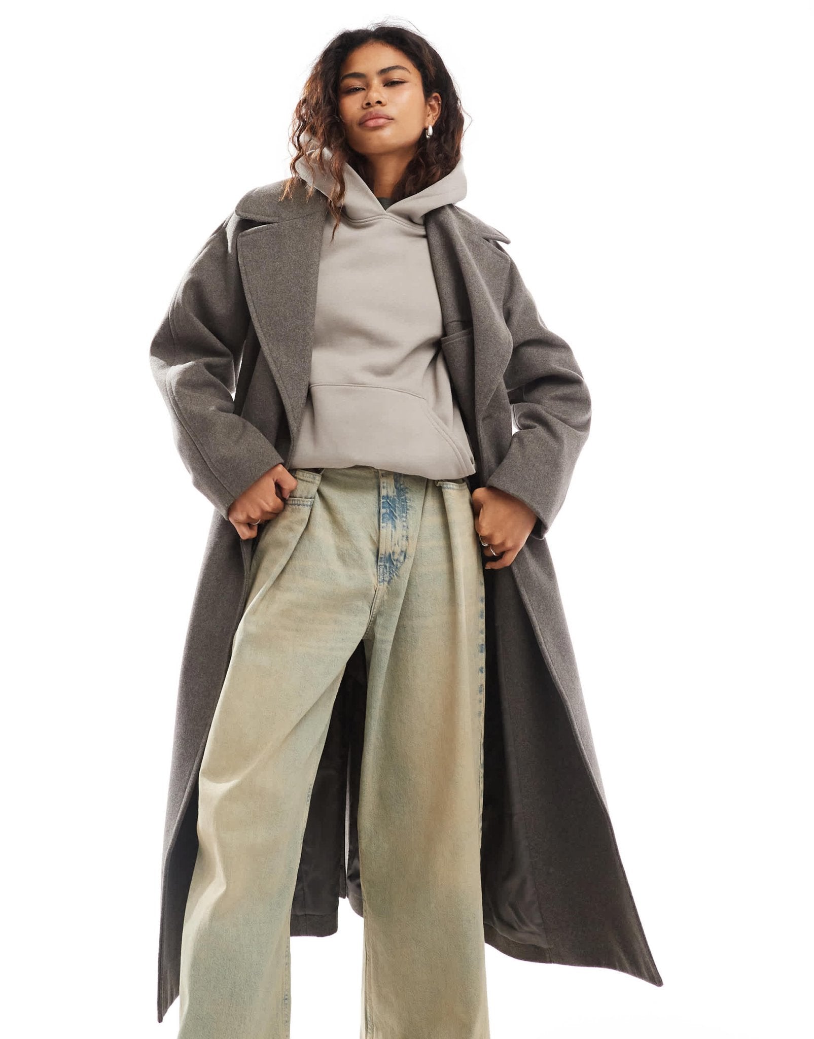Weekday Kia wool blend oversized coat with tie waist detail in dark mole melange - ASOS Sample Sale