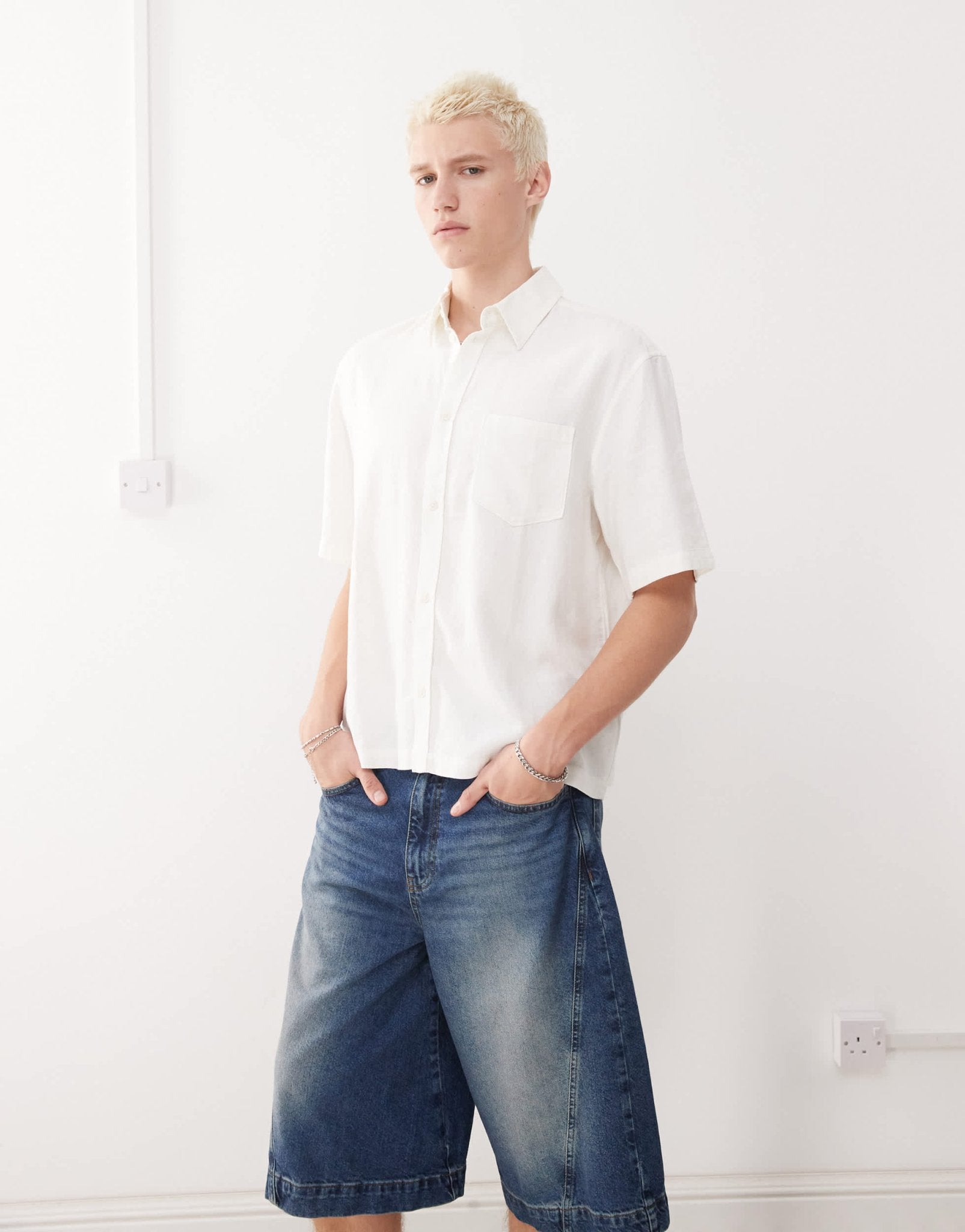 Weekday linen oversized boxy fit short sleeve shirt in off-white - ASOS Sample Sale
