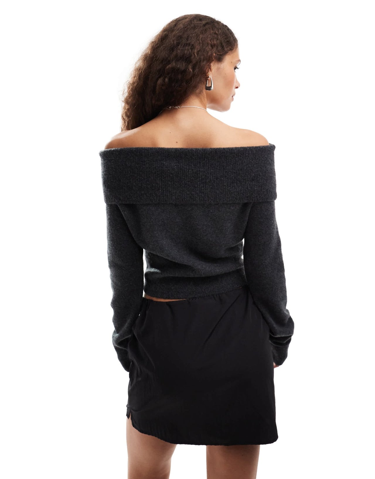 Weekday Lolo off shoulder knitted jumper in black melange - ASOS Sample Sale