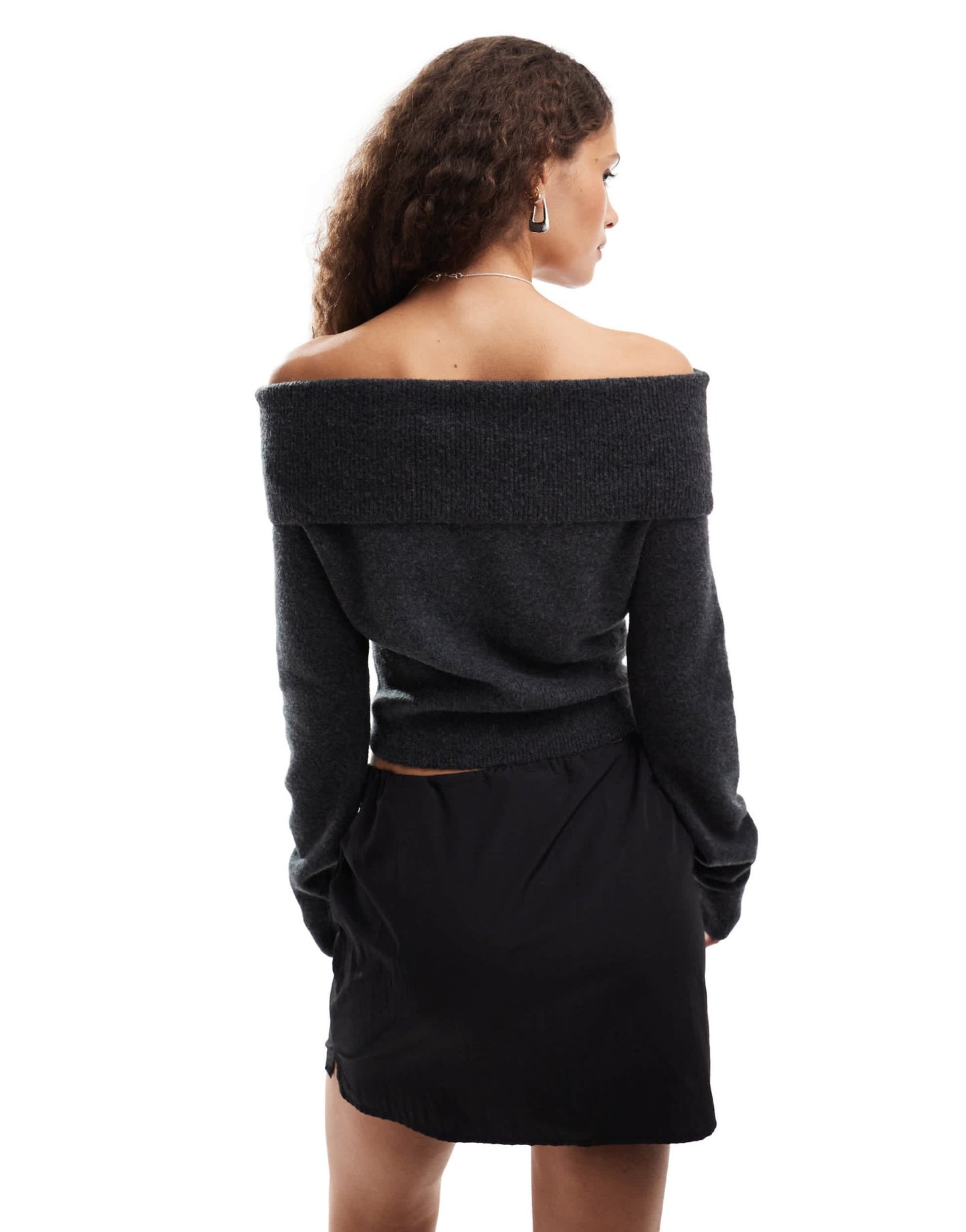 Weekday Lolo off shoulder knitted jumper in black melange - ASOS Sample Sale