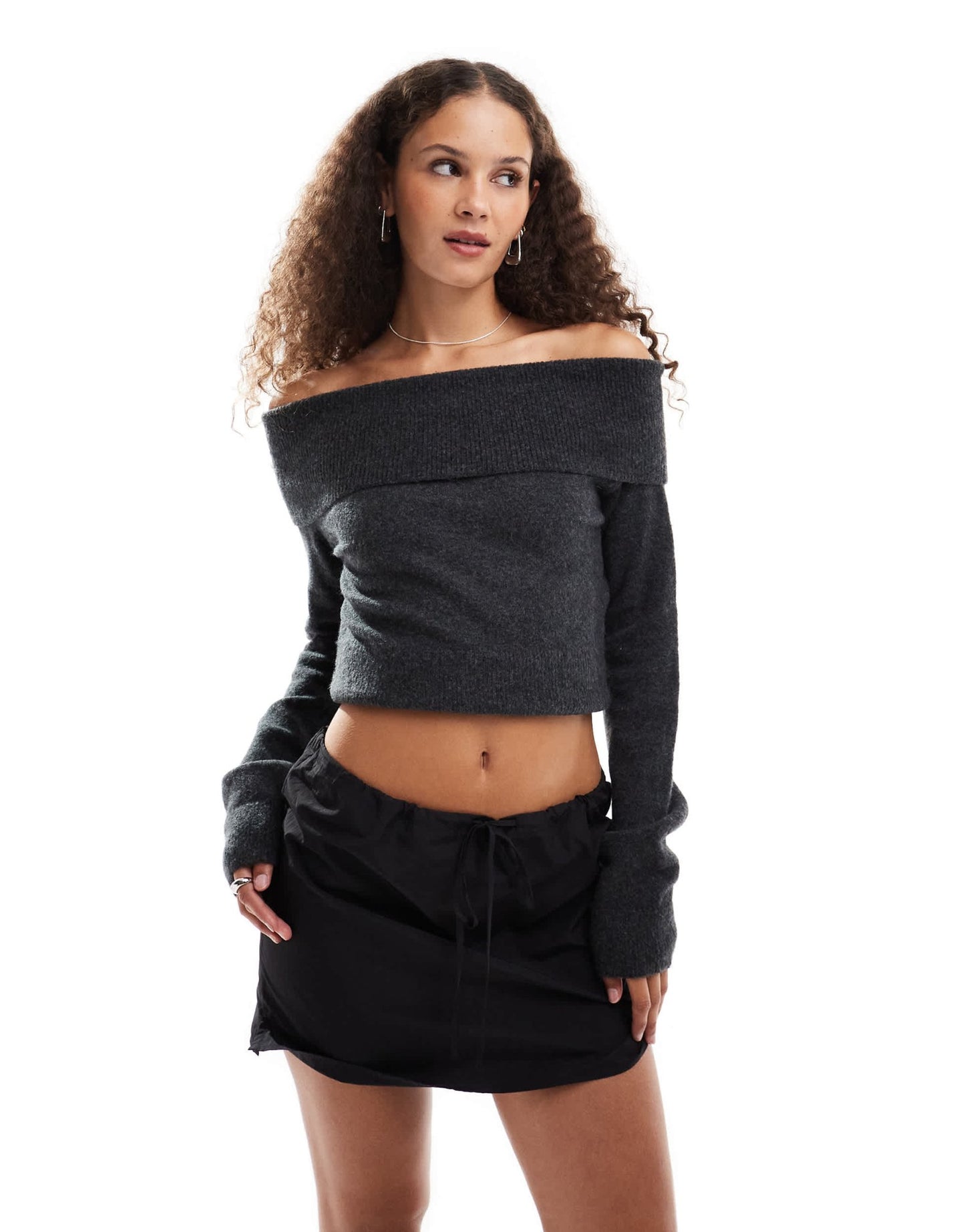 Weekday Lolo off shoulder knitted jumper in black melange - ASOS Sample Sale