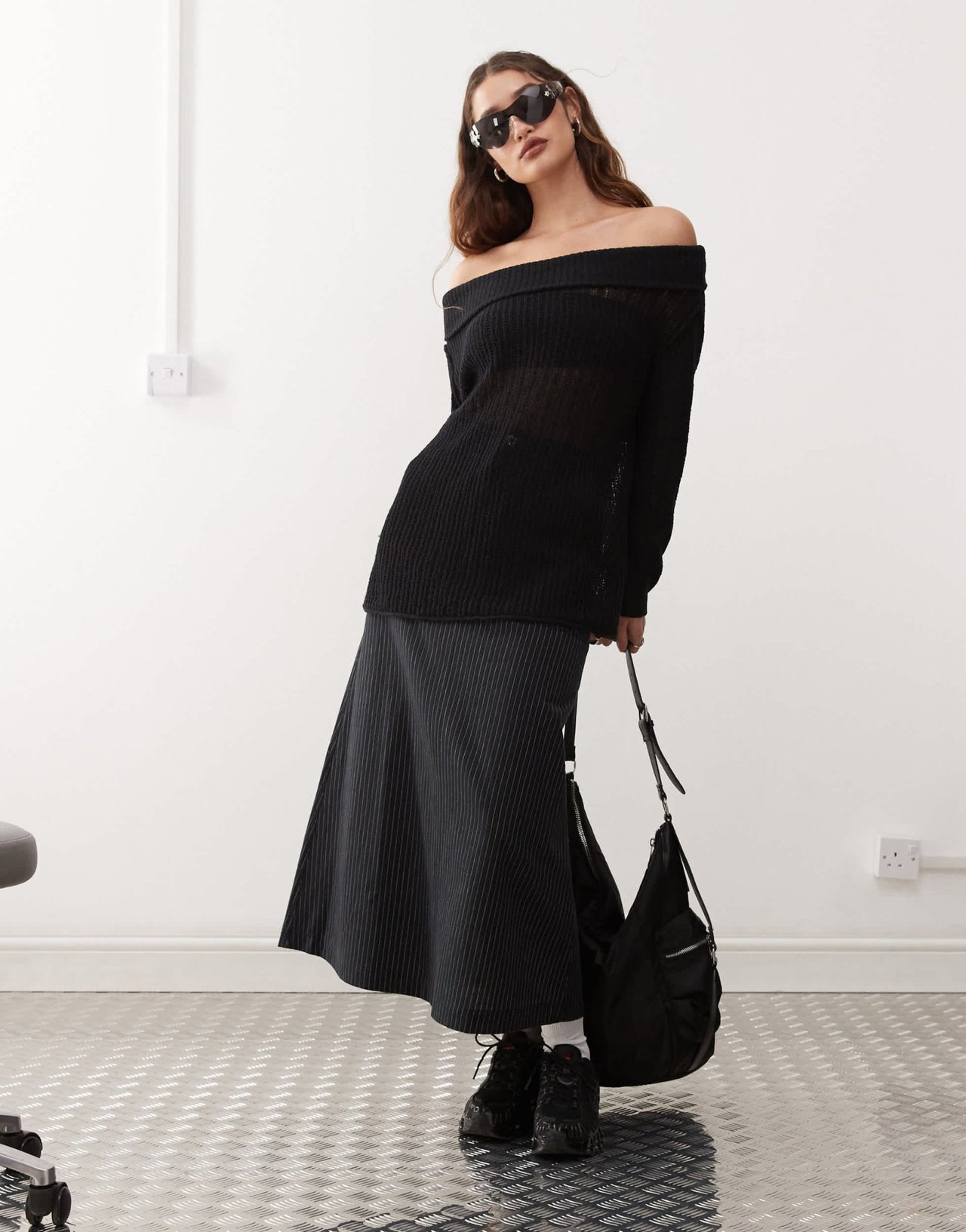 Weekday Lori off shoulder lightweight knit jumper in black exclusive to ASOS - ASOS Sample Sale