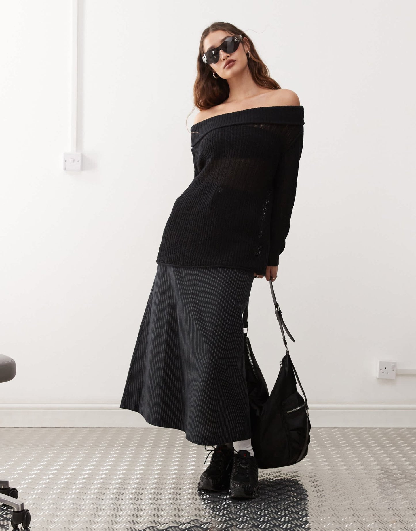 Weekday Lori off shoulder lightweight knit jumper in black exclusive to ASOS - ASOS Sample Sale