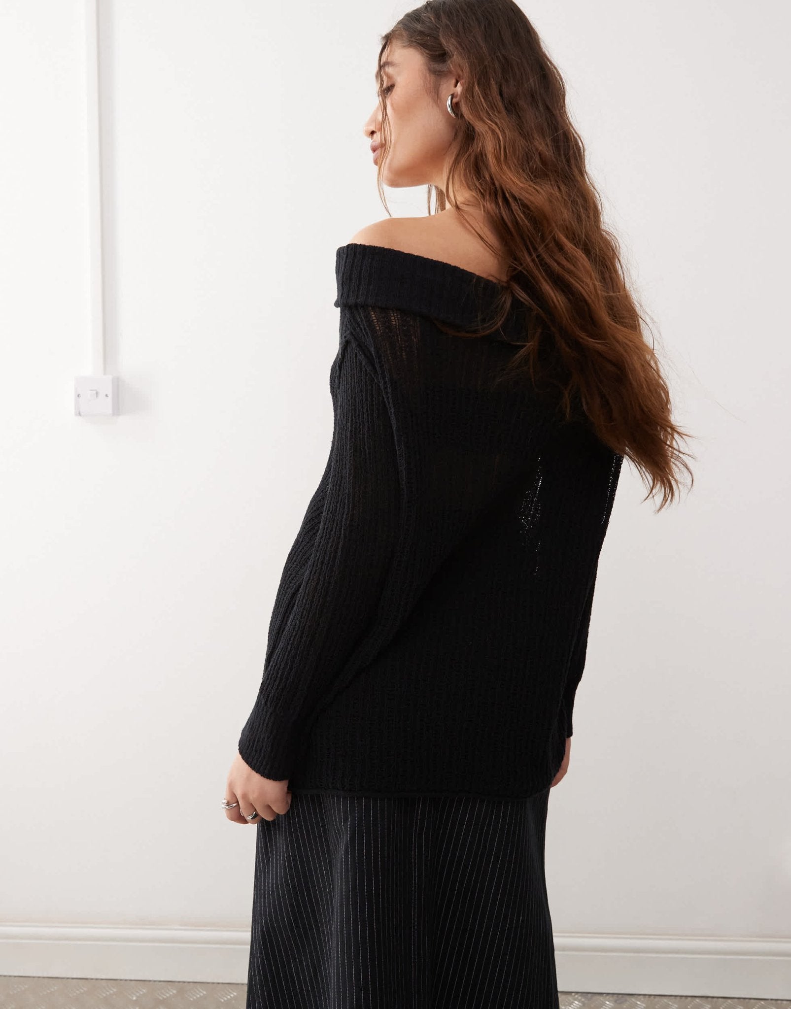 Weekday Lori off shoulder lightweight knit jumper in black exclusive to ASOS - ASOS Sample Sale