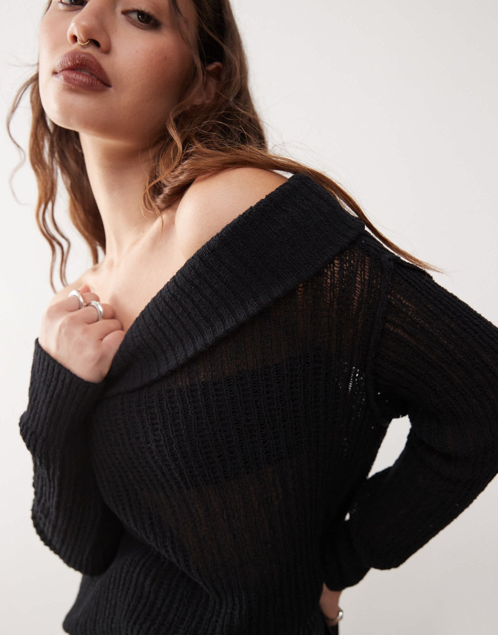 Weekday Lori off shoulder lightweight knit jumper in black exclusive to ASOS - ASOS Sample Sale