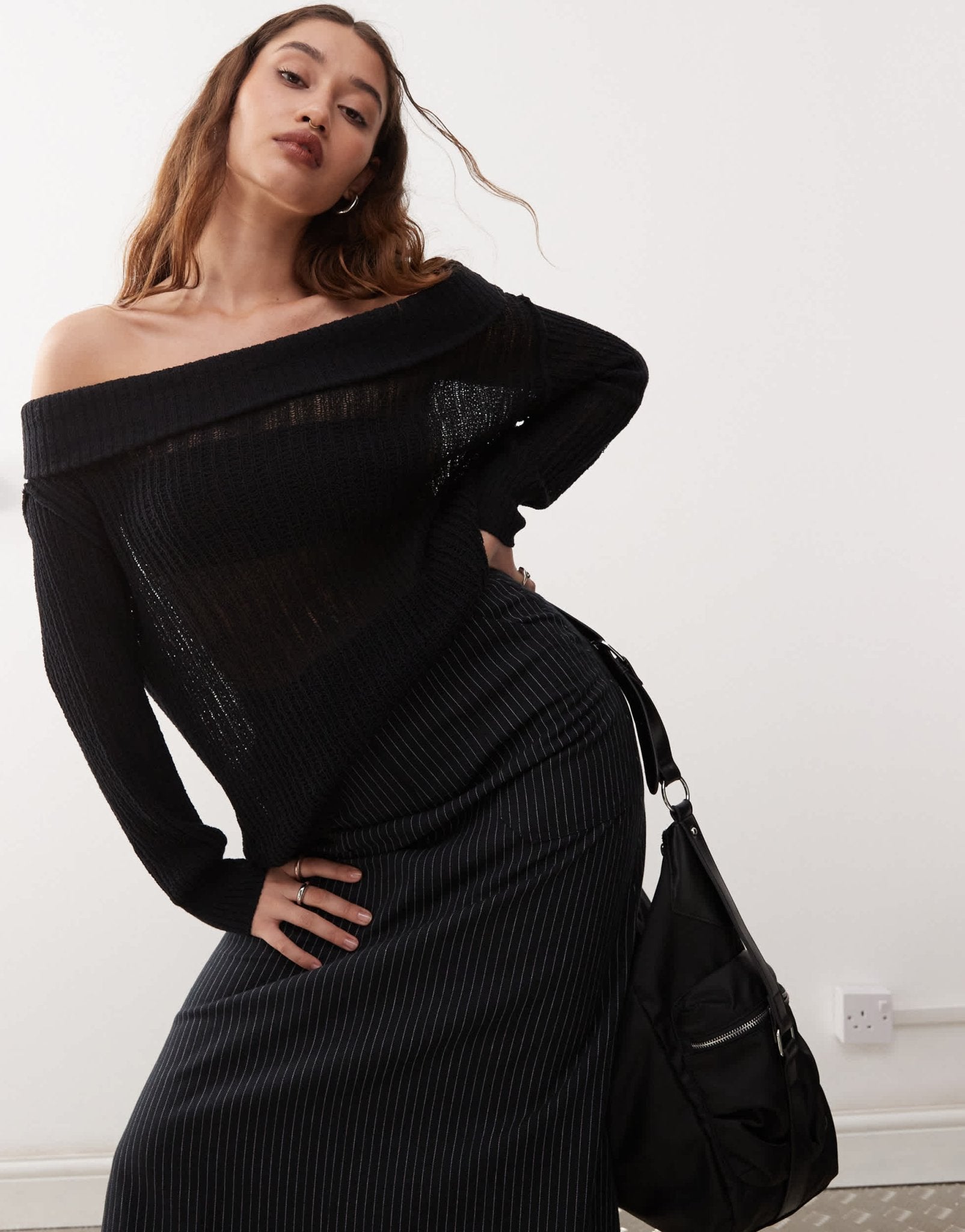Weekday Lori off shoulder lightweight knit jumper in black exclusive to ASOS - ASOS Sample Sale