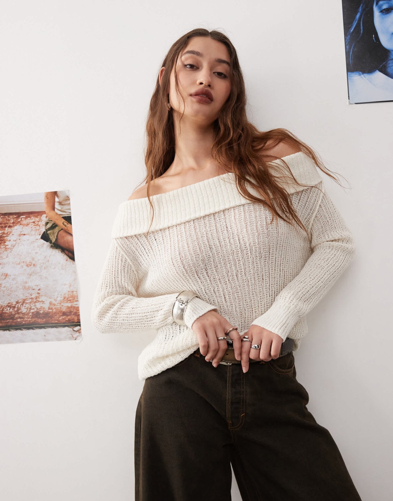 Weekday Lori off shoulder lightweight knit jumper in white - ASOS Sample Sale