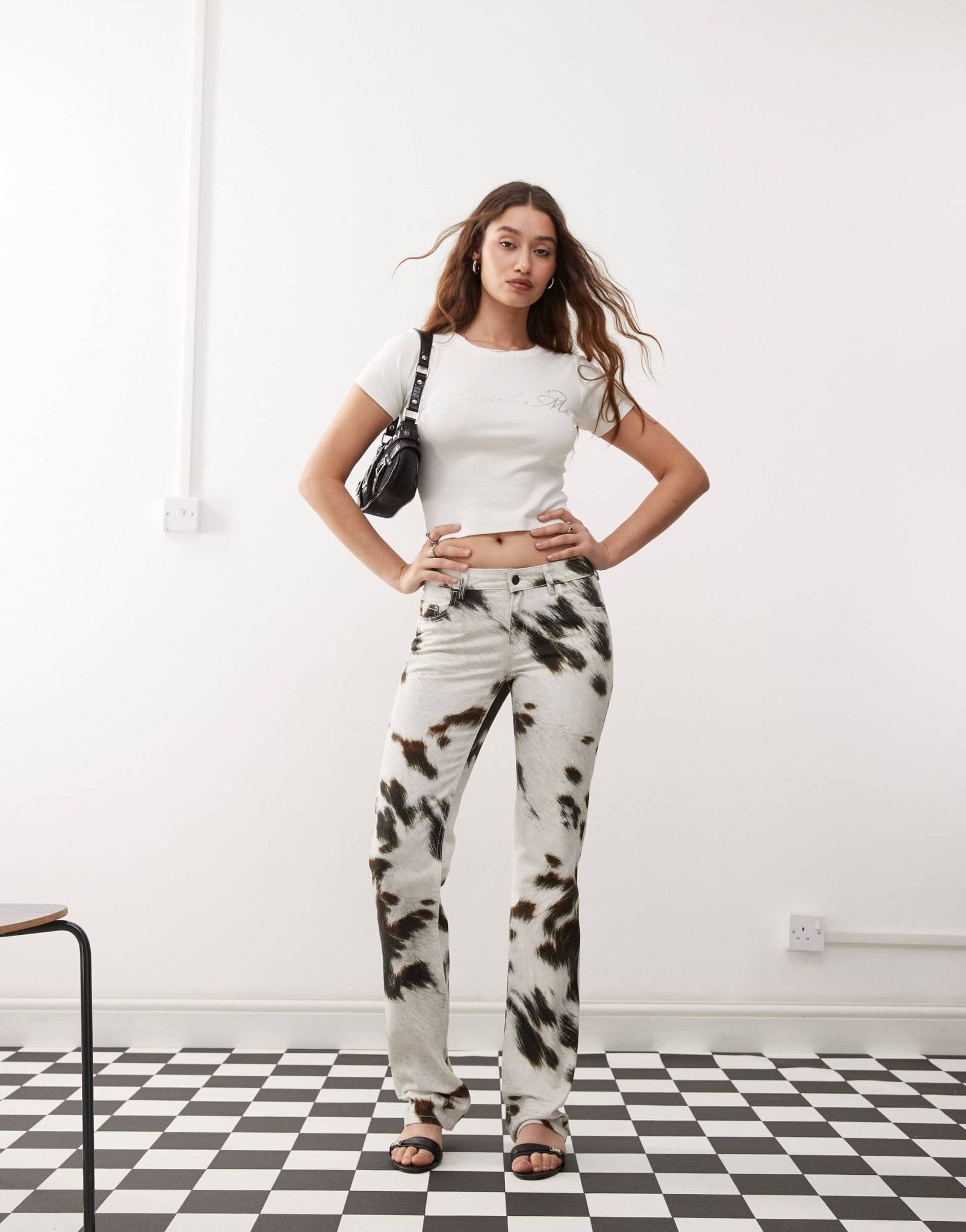 Weekday low waist straight leg trousers in cow print - ASOS Sample Sale