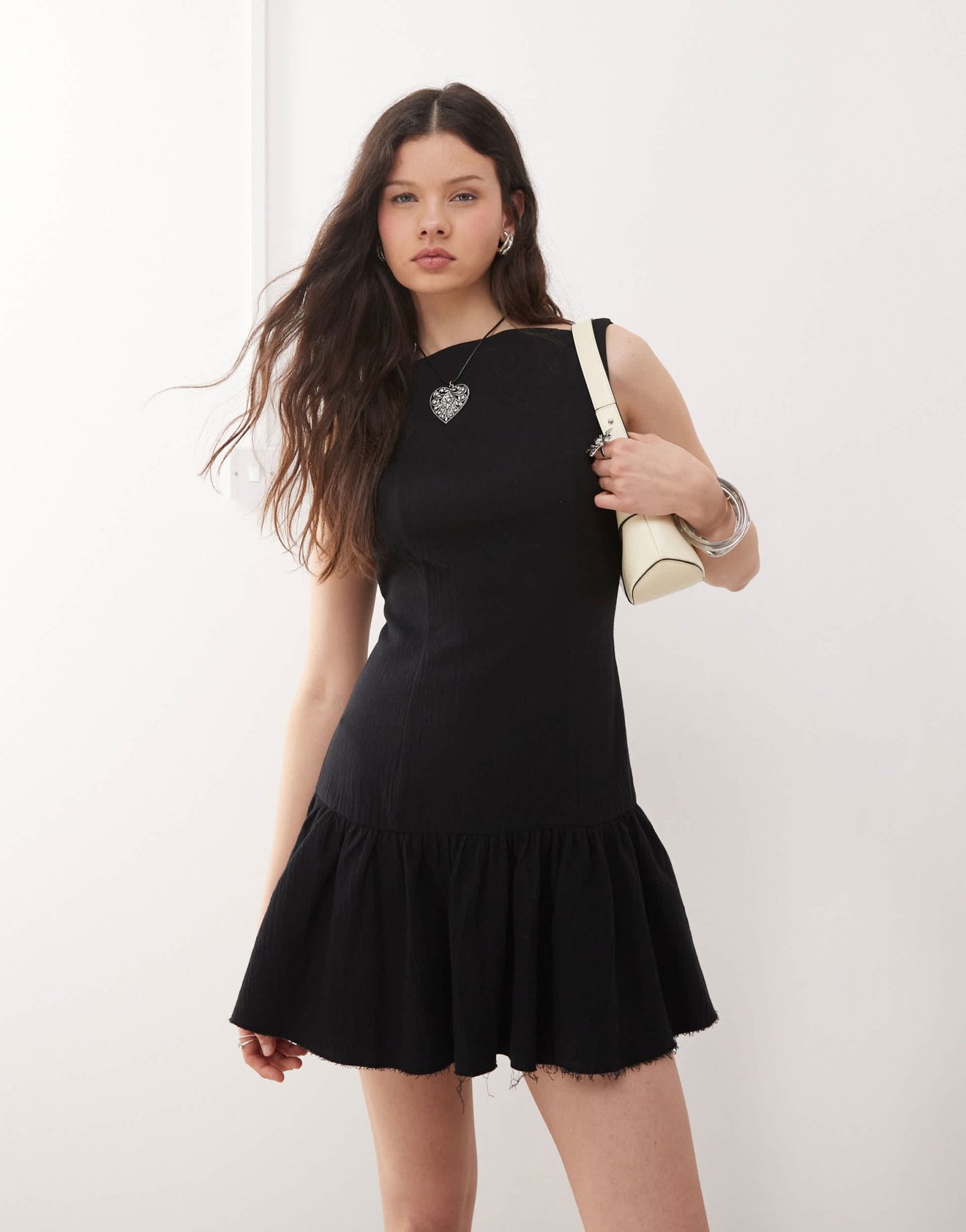 Weekday mini dress with open back and bubble hem in black - ASOS Sample Sale