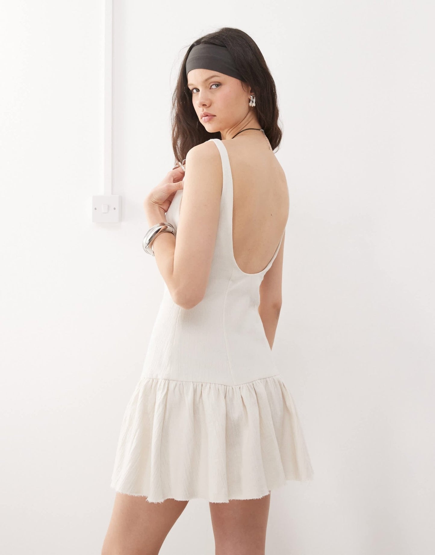 Weekday mini dress with open back and bubble hem in white - ASOS Sample Sale