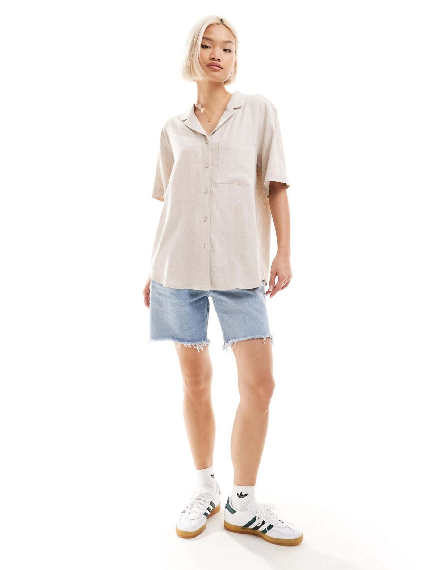 Weekday Mira linen mix short sleeve blouse in off - white - ASOS Sample Sale