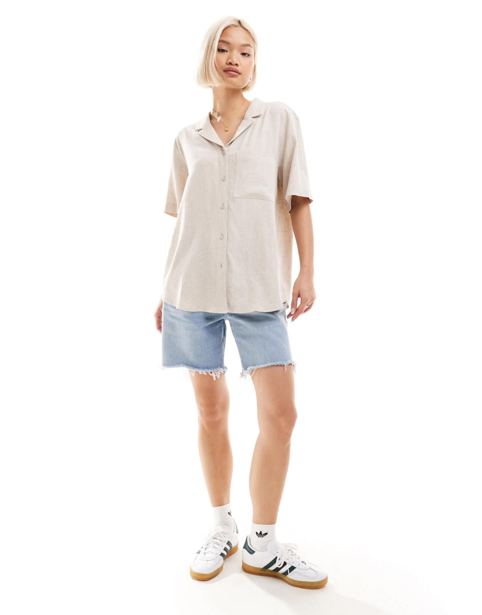 Weekday Mira linen mix short sleeve blouse in off - white - ASOS Sample Sale
