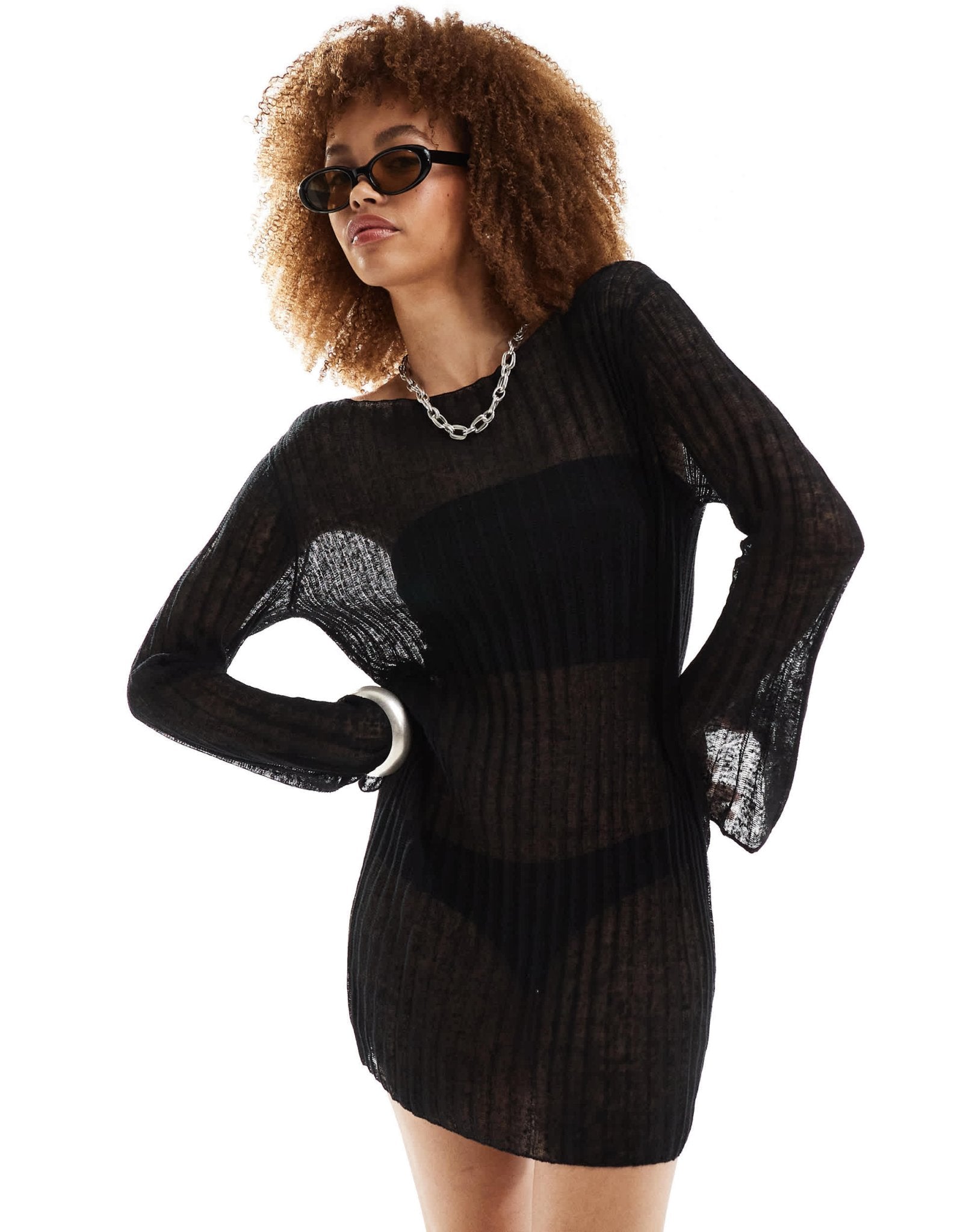 Weekday Molly sheer knit mini dress in black - ASOS Sample Sale