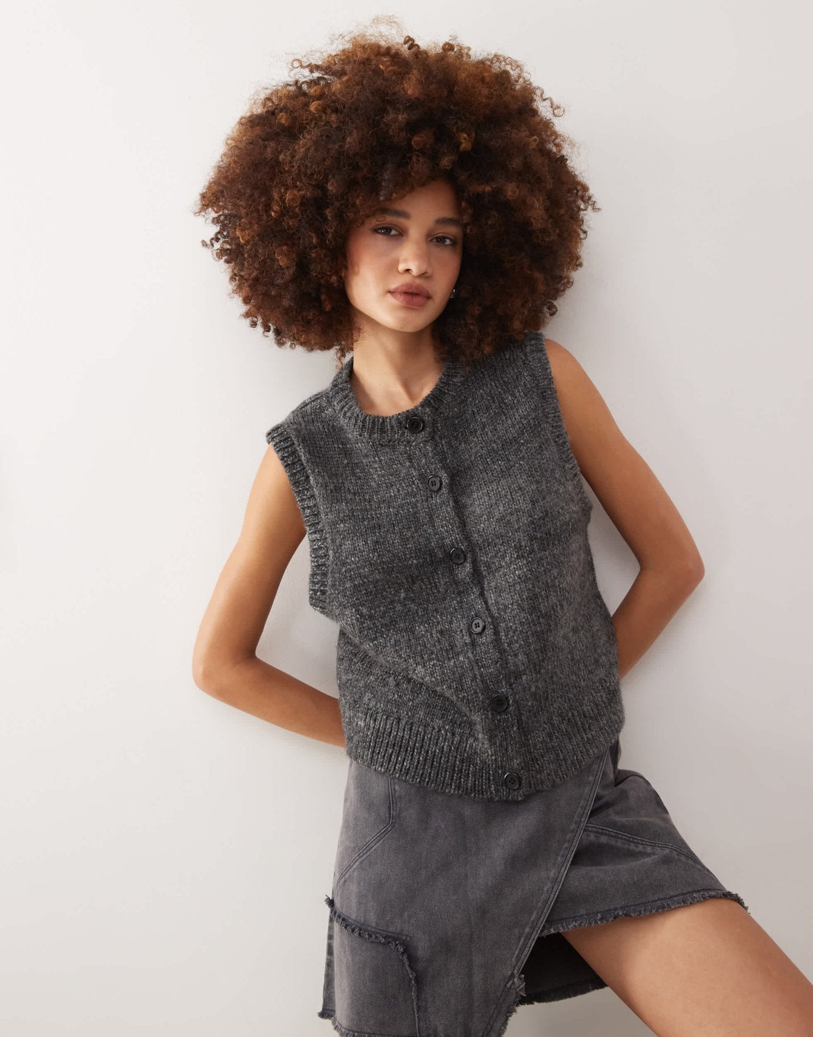 Weekday Peggy knitted button down vest in dark grey melange - ASOS Sample Sale