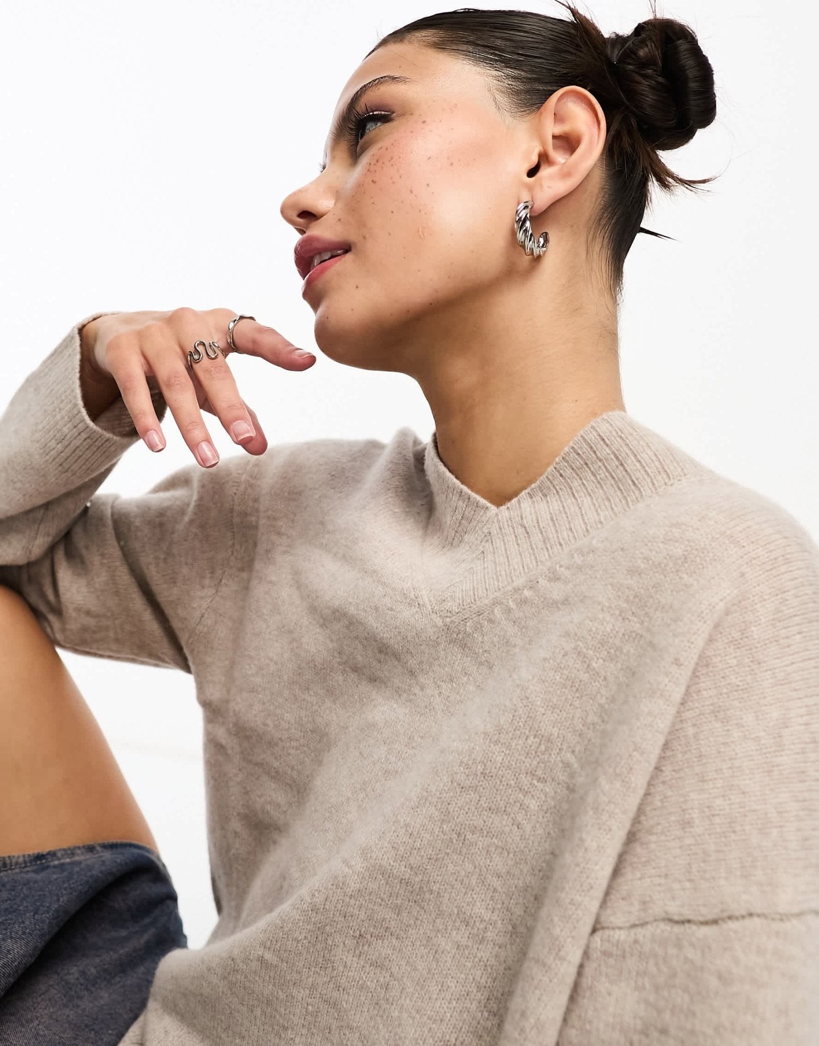 Weekday Reece high v neck wool jumper in beige melange - ASOS Sample Sale