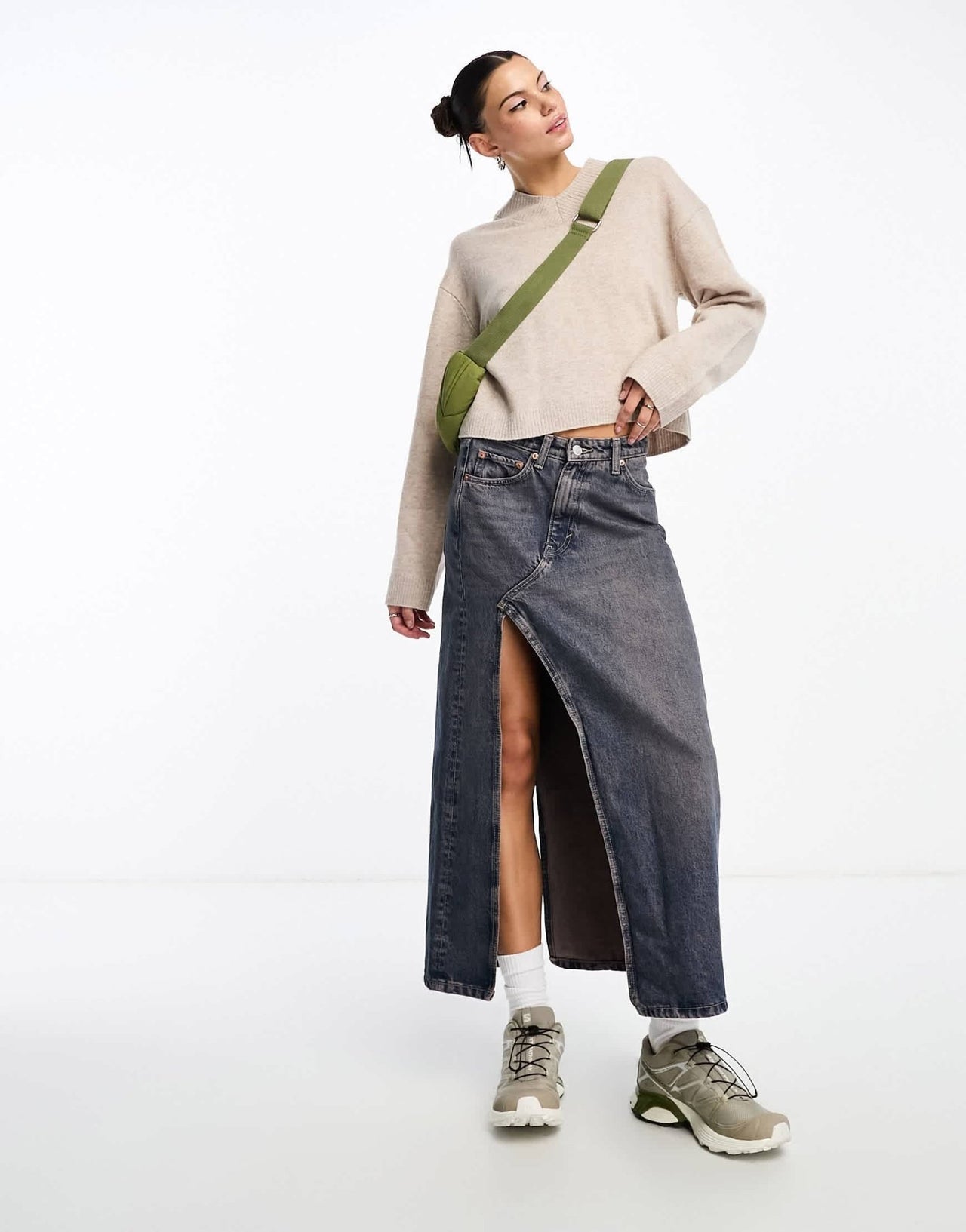 Weekday Reece high v neck wool jumper in beige melange - ASOS Sample Sale