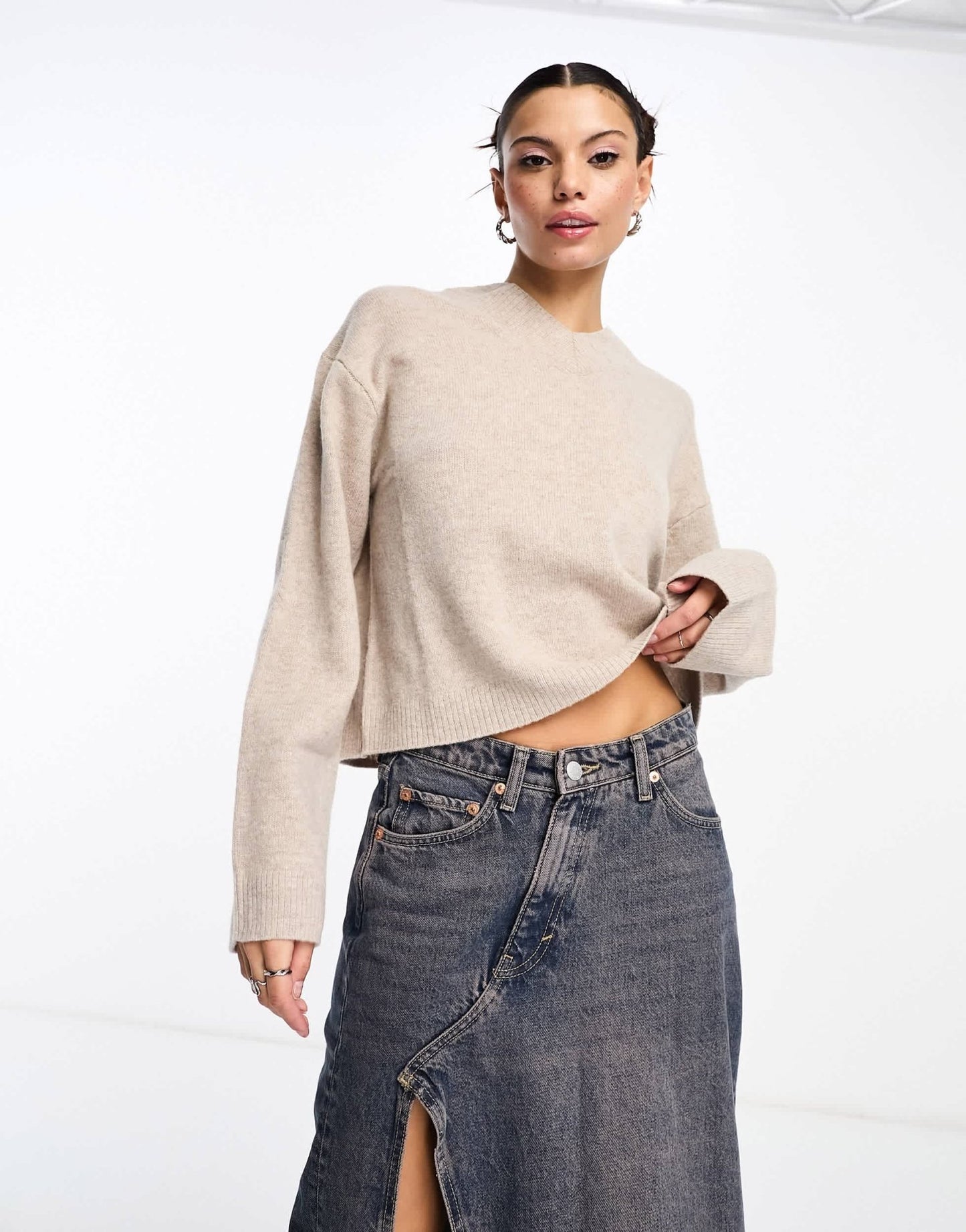 Weekday Reece high v neck wool jumper in beige melange - ASOS Sample Sale