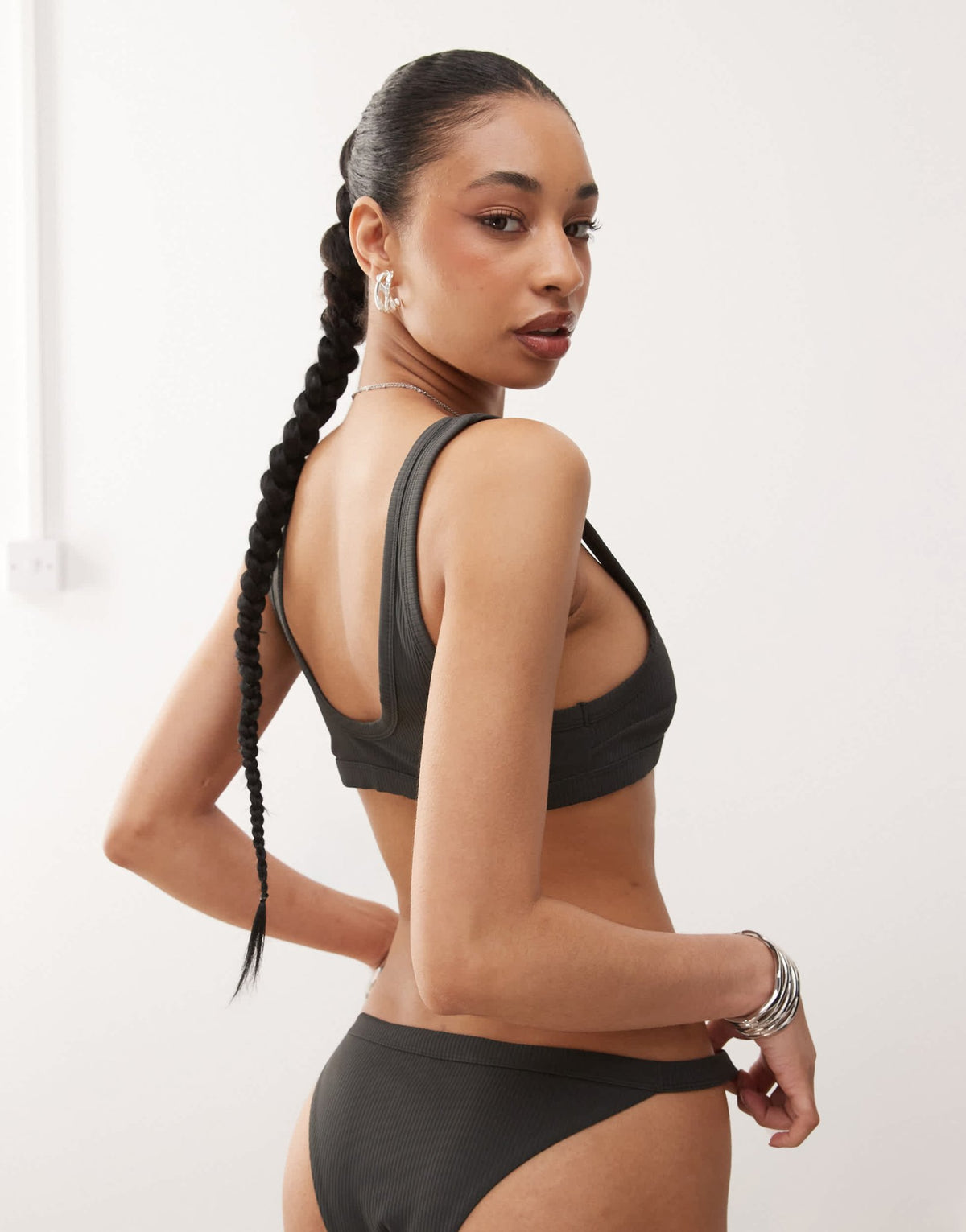Weekday ribbed scoop neck bikini top in off-black - ASOS Sample Sale