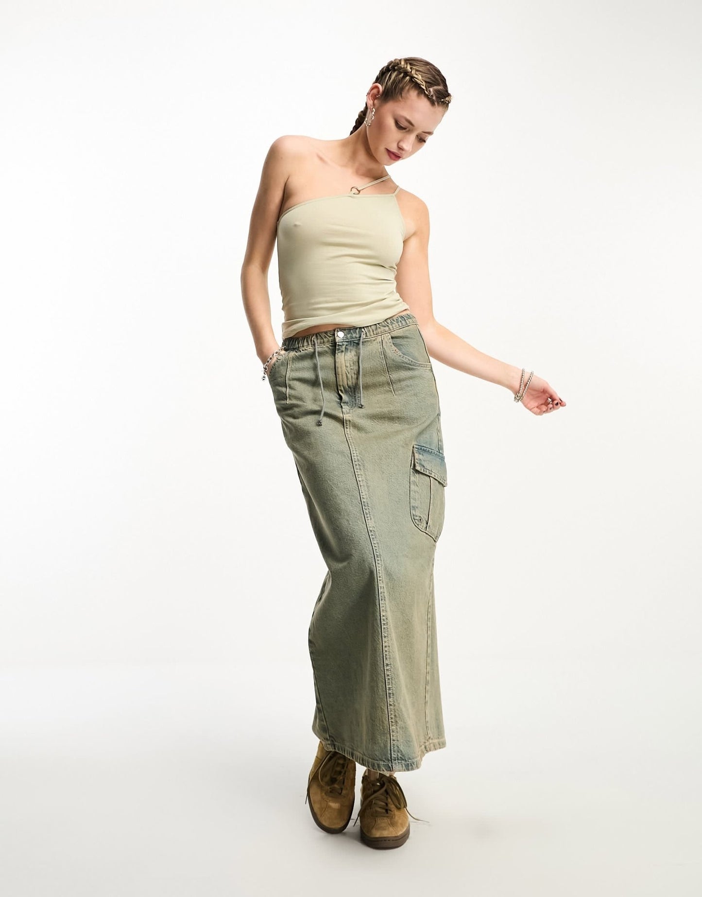Weekday Ring asymmetric cami vest with ring detail in beige green - ASOS Sample Sale