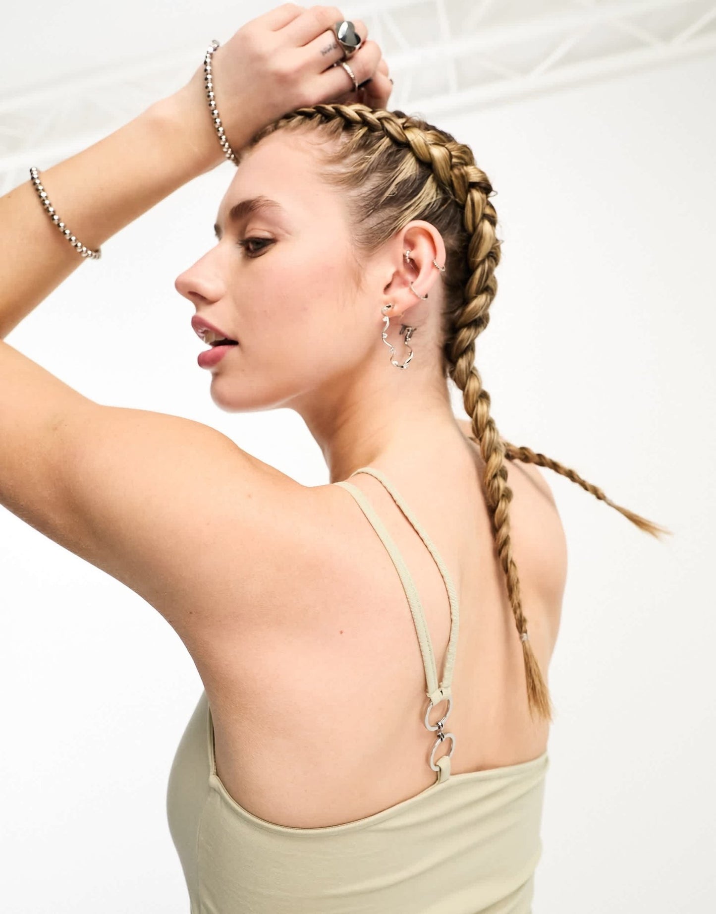 Weekday Ring asymmetric cami vest with ring detail in beige green - ASOS Sample Sale